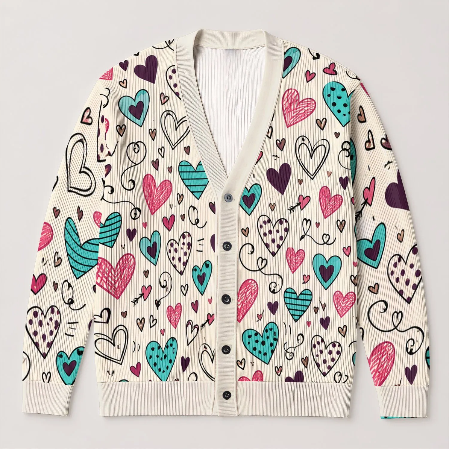 Whimsical Heart Motifs for Valentine's Day Layering and Romantic Women's Everyday Style All-over Print Knitted Cardigan - 1