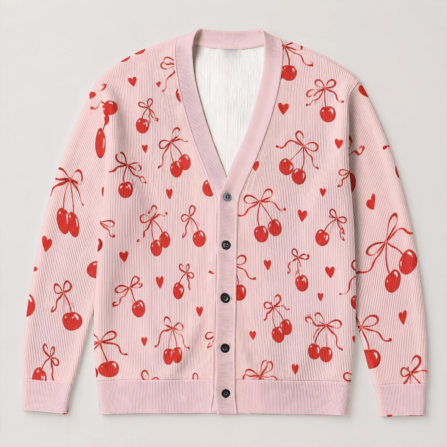 Cherry Bow Hearts for Romantic Everyday Layering and Valentine's Day Style for Women All-over Print Knitted Cardigan - 1