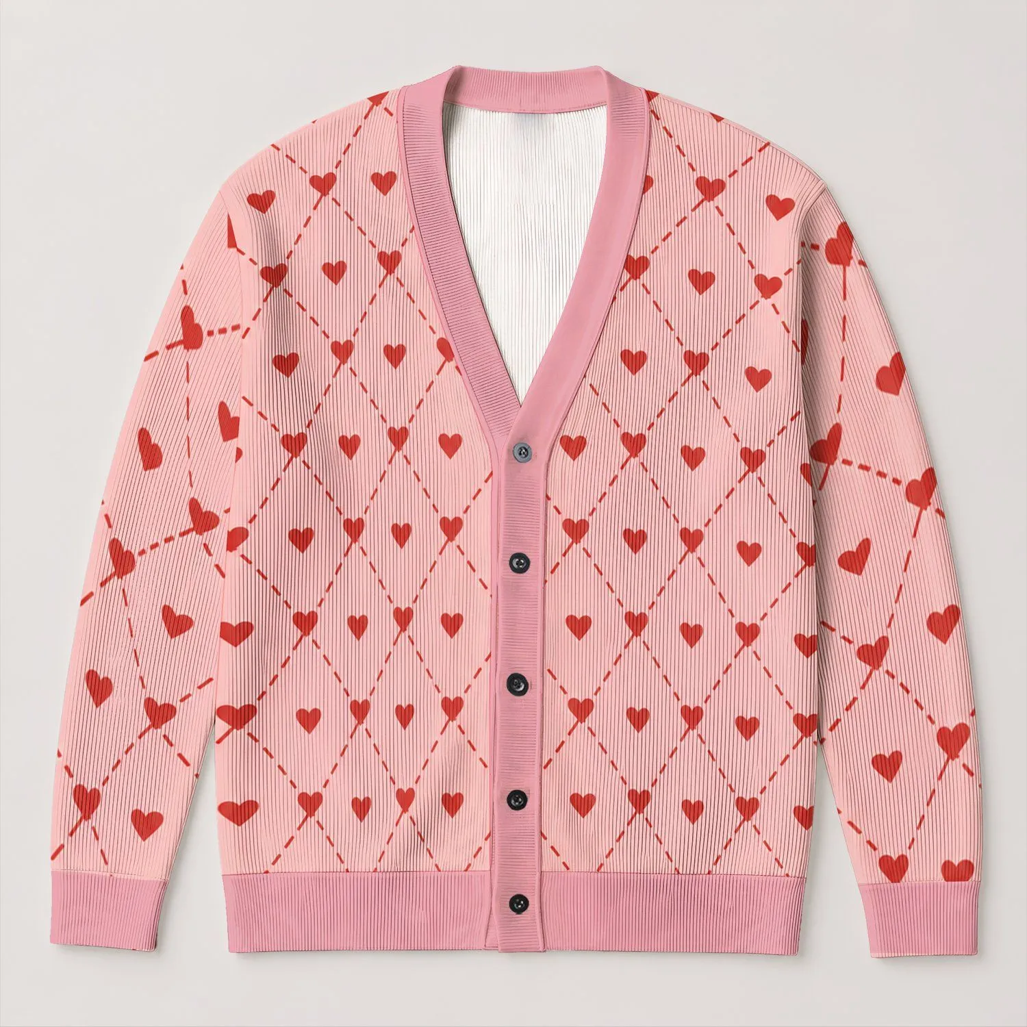 Pink Heart Diamond Motif For Romantic Valentine's Layering And Everyday Wear Gift Ready All-over Print Knitted Cardigan - 1