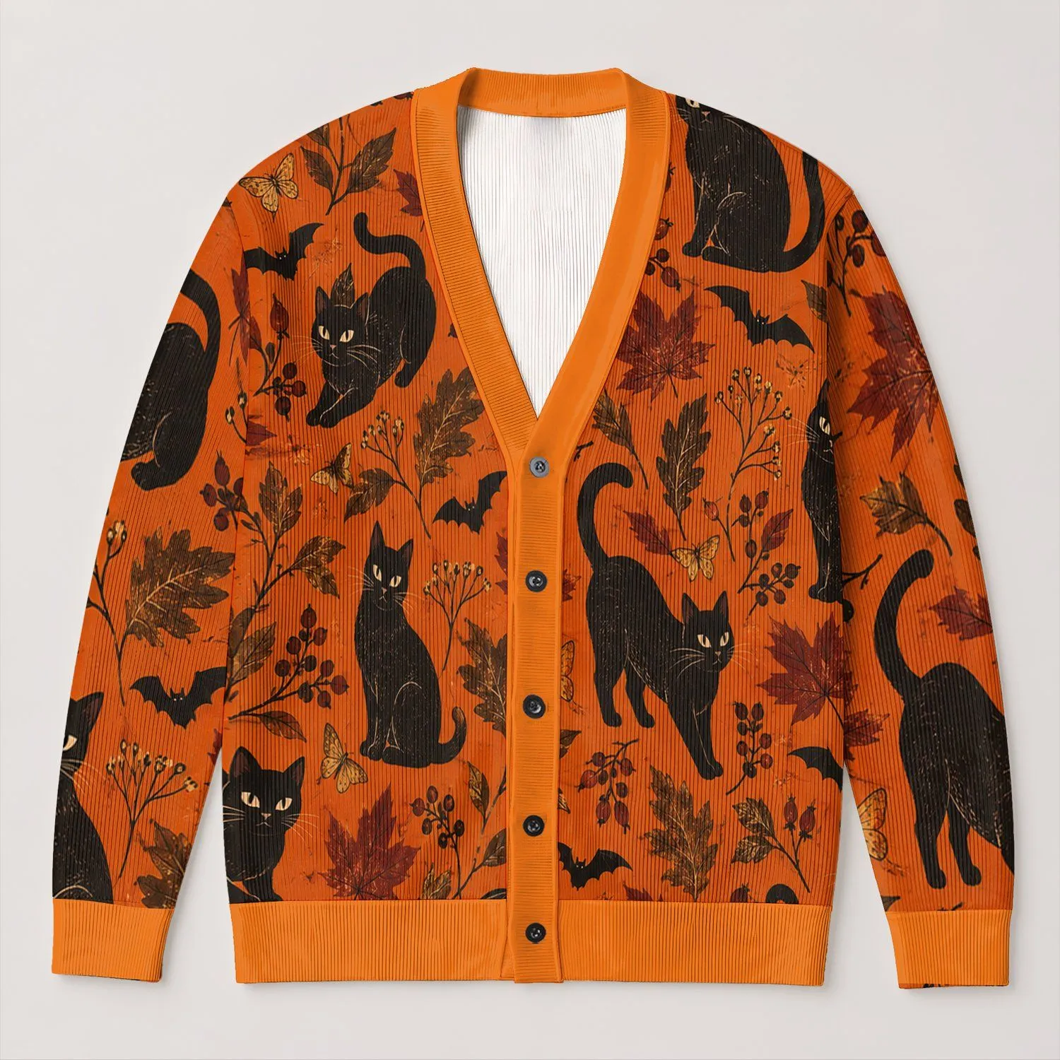 Black Cat Autumn Foliage for Cozy Fall Layering, Playful Halloween Gift Idea for Her All-over Print Knitted Cardigan - 1