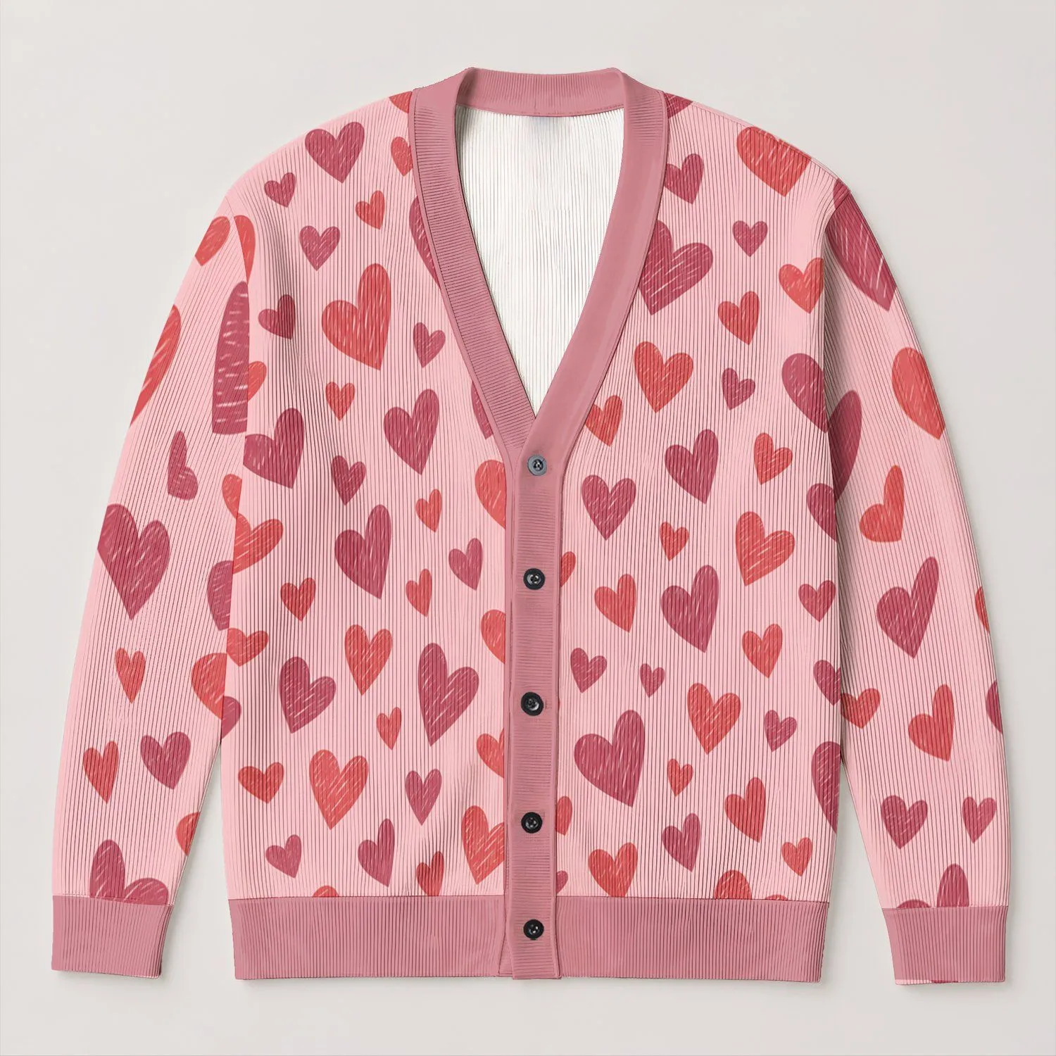 Blush Heart Motif For Romantic Valentine's Day Layering, Women's Cozy Autumn Winter Style All-over Print Knitted Cardigan - 1