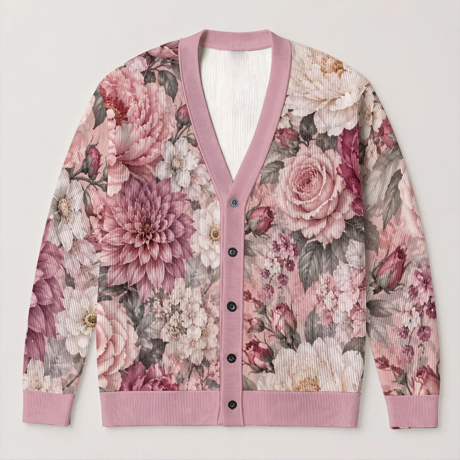 Blush Pink Peony Garden for Romantic Everyday Layering and Feminine Autumn Style for Women All-over Print Knitted Cardigan - 1