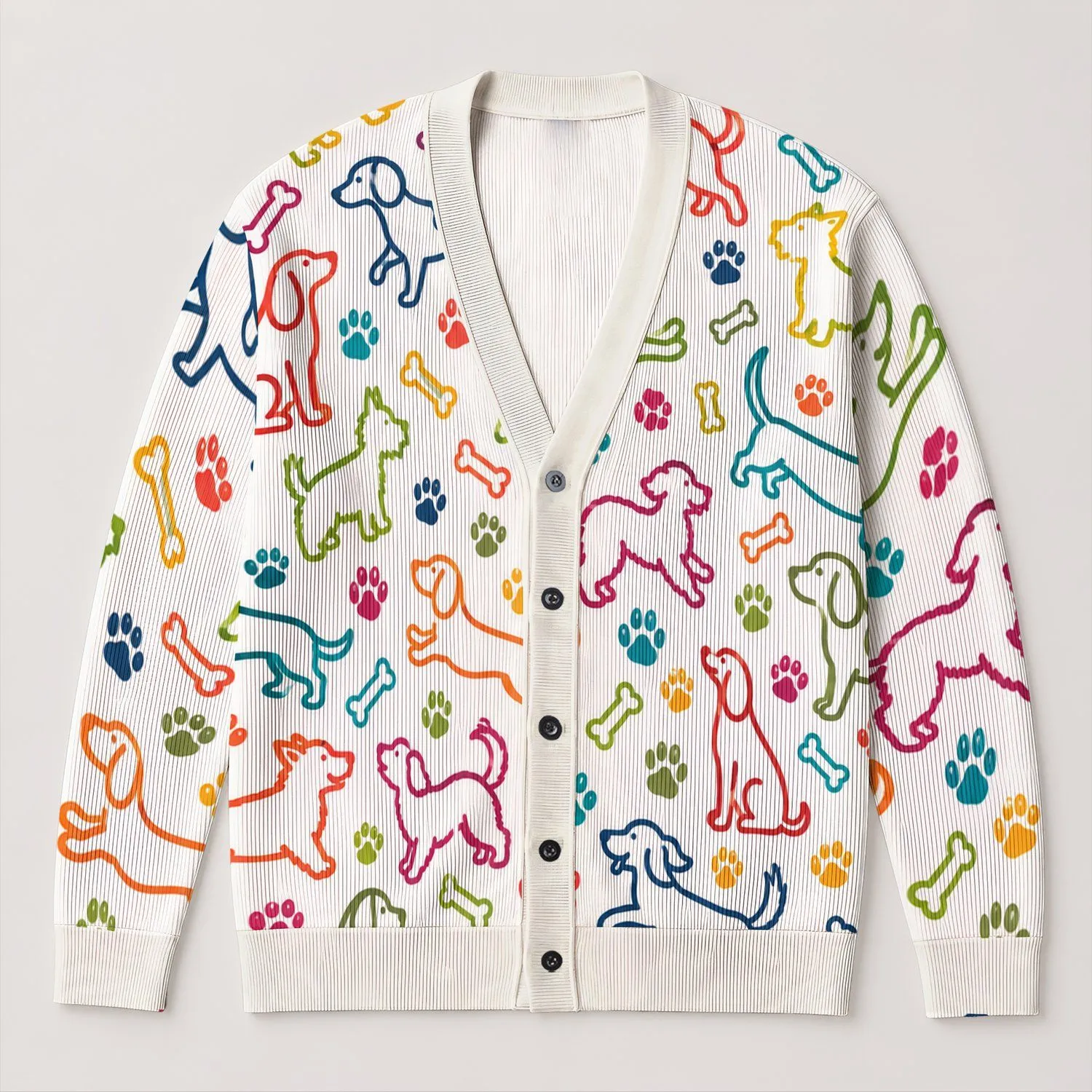 Colorful Dog Paw Bone Motifs for Playful Pet Lovers and Cozy Autumn Weekend Layering All-over Print Knitted Cardigan - 1