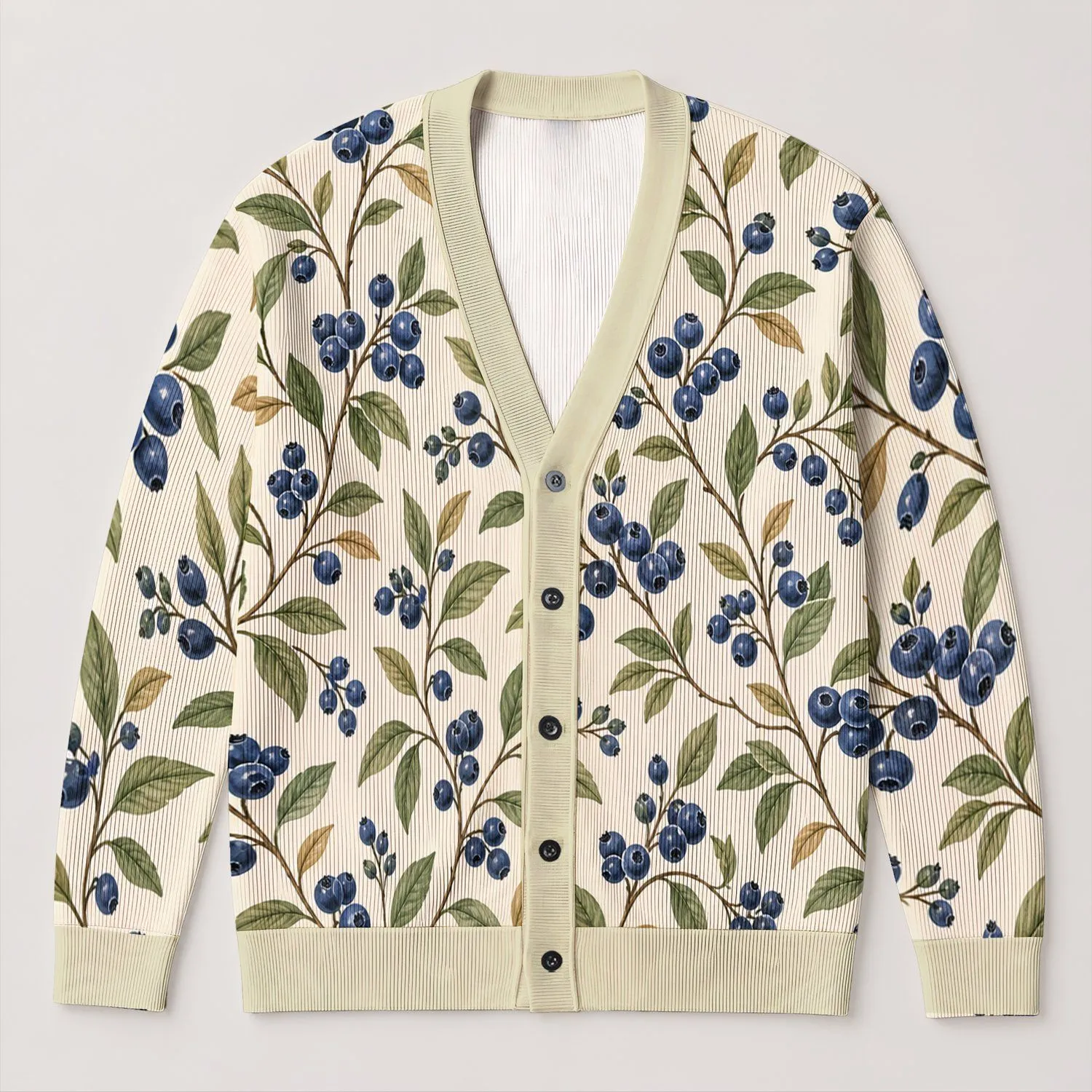 Blueberry Branch Motif for Autumn Office and Weekend Layering, Women’s Everyday Style All-over Print Knitted Cardigan - 1