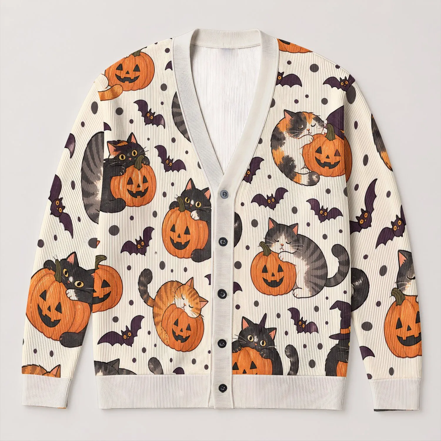 Halloween Cat Pumpkin Bat Motifs for Cozy Casual Layering and Autumn Gathering Style All-over Print Knitted Cardigan - 1