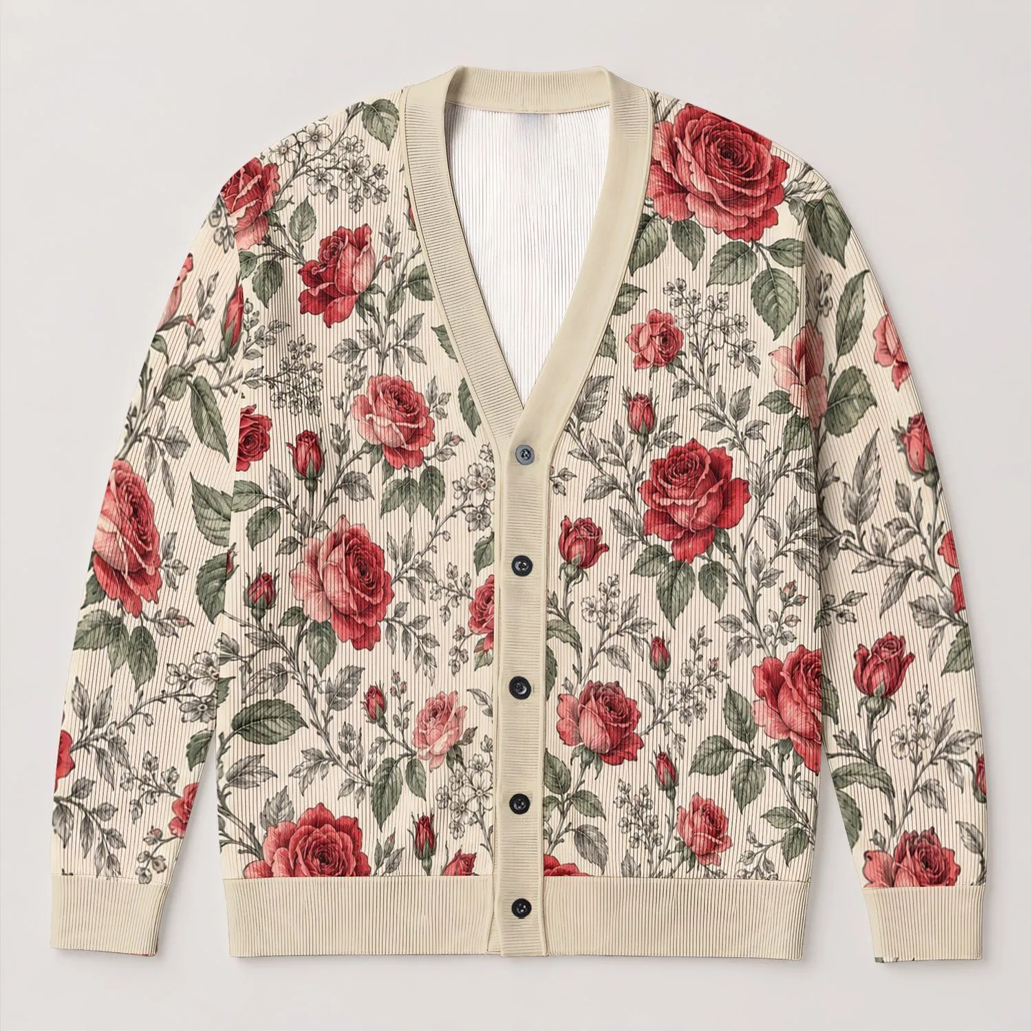 Red Rose Botanical Blooms for Romantic Everyday Layering, Women's Spring and Fall Occasions All-over Print Knitted Cardigan - 1