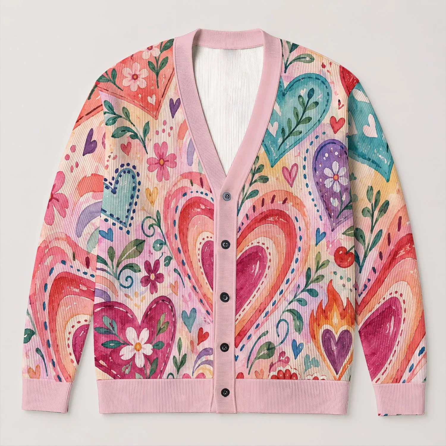 Watercolor Heart Motifs for Romantic Casual Layering and Playful Women's Spring Style All-over Print Knitted Cardigan - 1