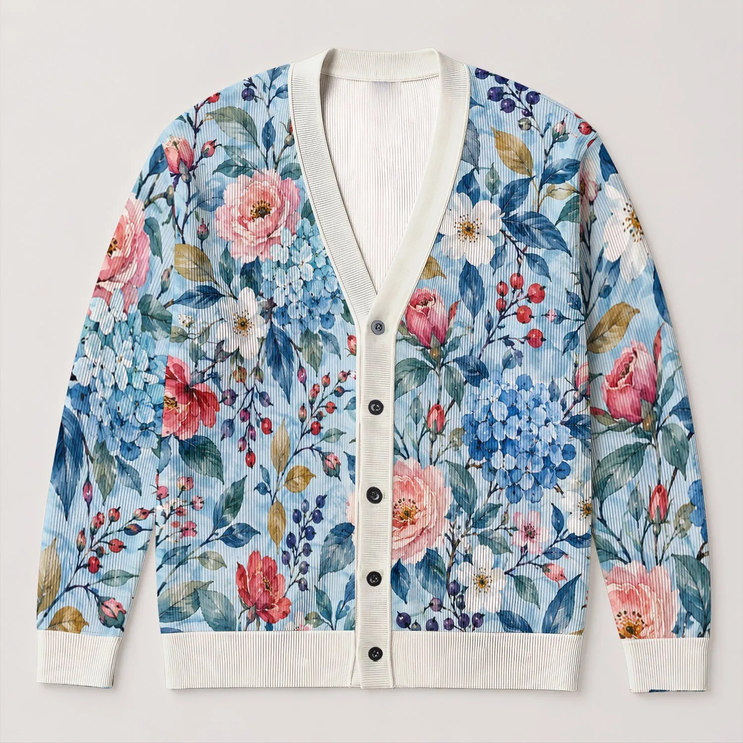 Watercolor Botanical Flowers and Blue Leaves for Everyday Layering and Resort Style All-over Print Knitted Cardigan - 1