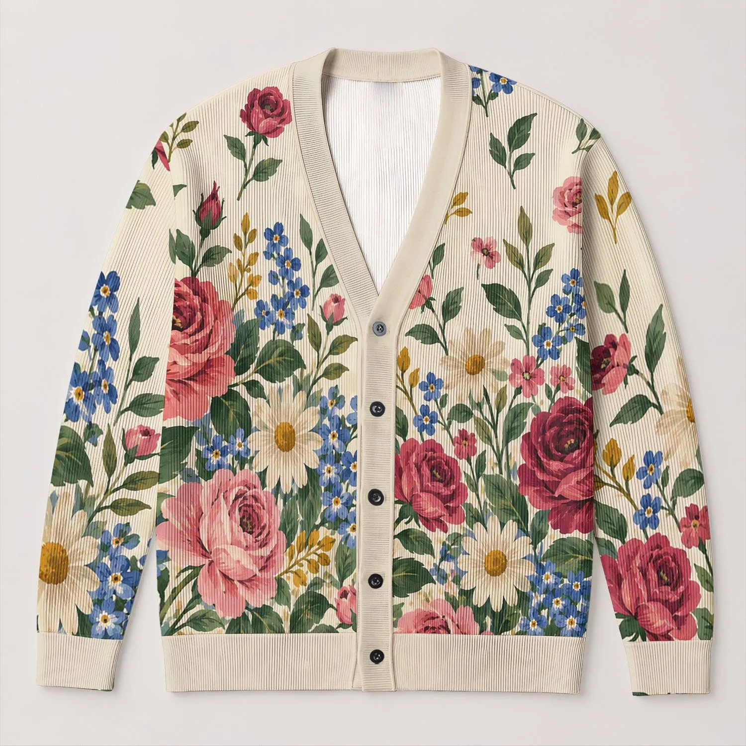 Vintage Rose Daisy Meadow for Casual Autumn Layering and Everyday Women’s Wardrobe Style All-over Print Knitted Cardigan - 1