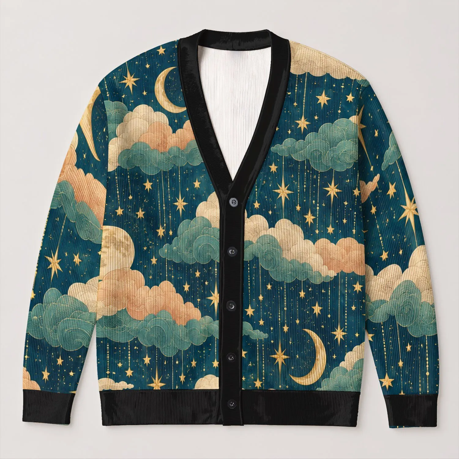 Dreamy Moon And Starry Sky Motifs For Cozy Autumn Layering And Everyday Elegance All-over Print Knitted Cardigan - 1