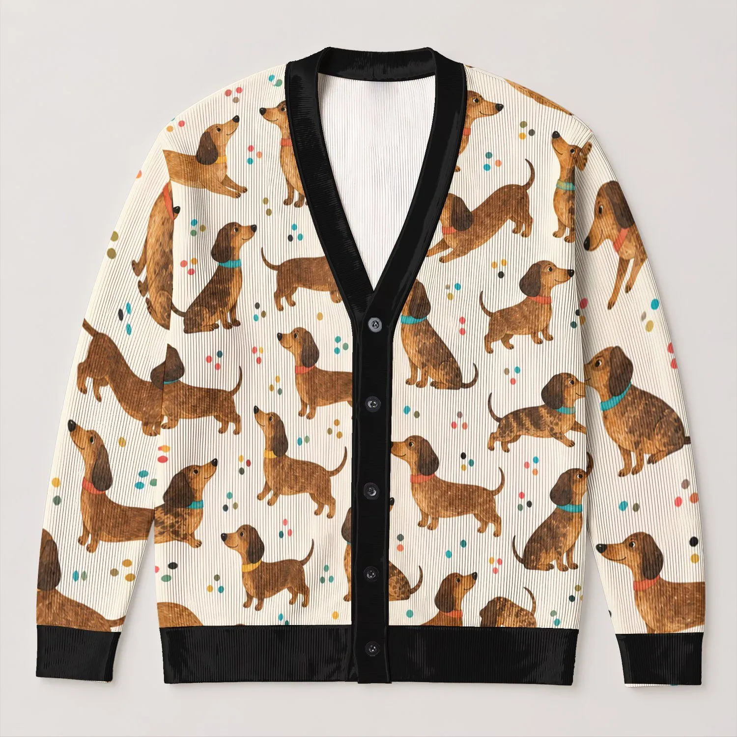 Dachshund Celebration Motif for Cozy Autumn Layering, Playful Style for Dog Lovers All-over Print Knitted Cardigan - 1