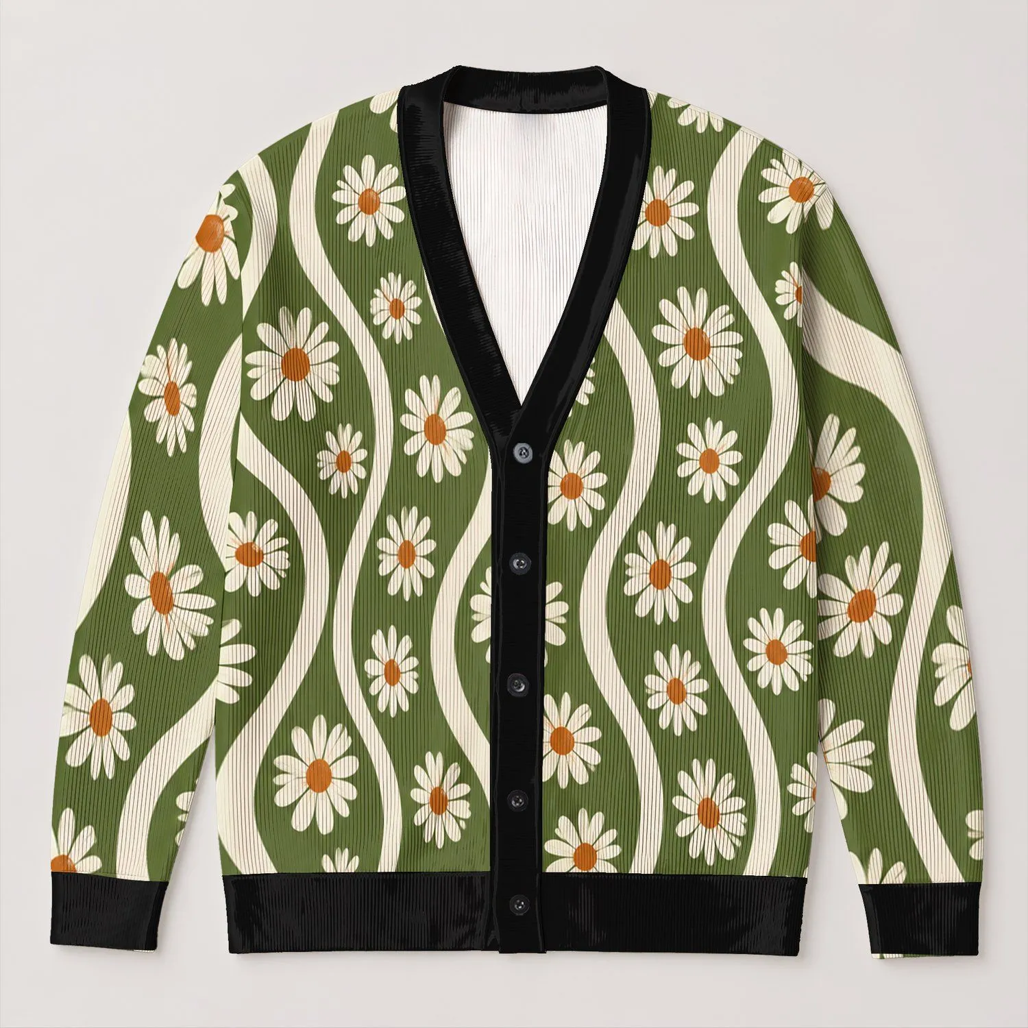 Olive Daisy Wavy Stripe Style for Relaxed Autumn Layering and Everyday Women’s Wear All-over Print Knitted Cardigan - 1