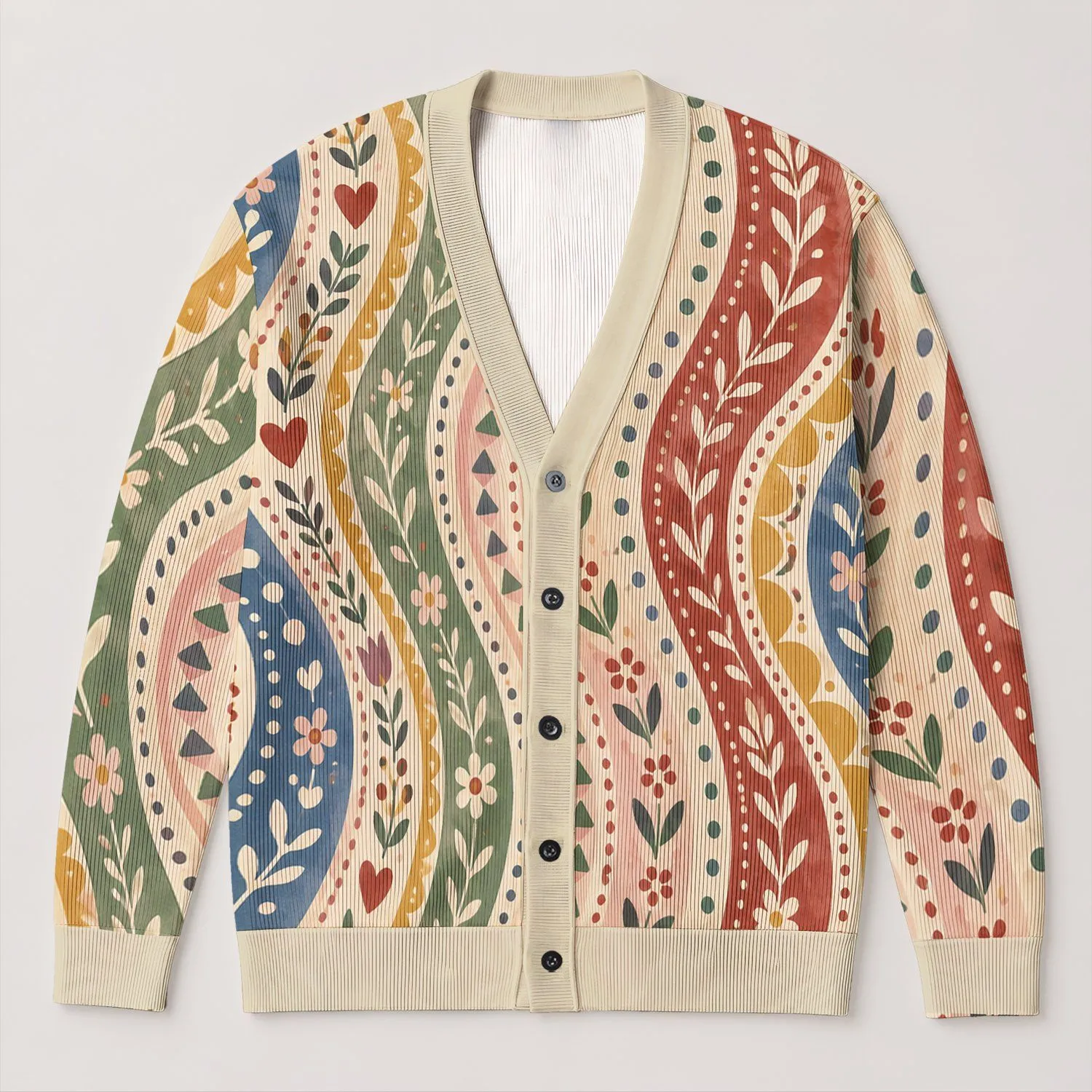 Pastel Heart Wavy Stripe Motif For Casual Autumn Layering And Youthful Everyday Style All-over Print Knitted Cardigan - 1