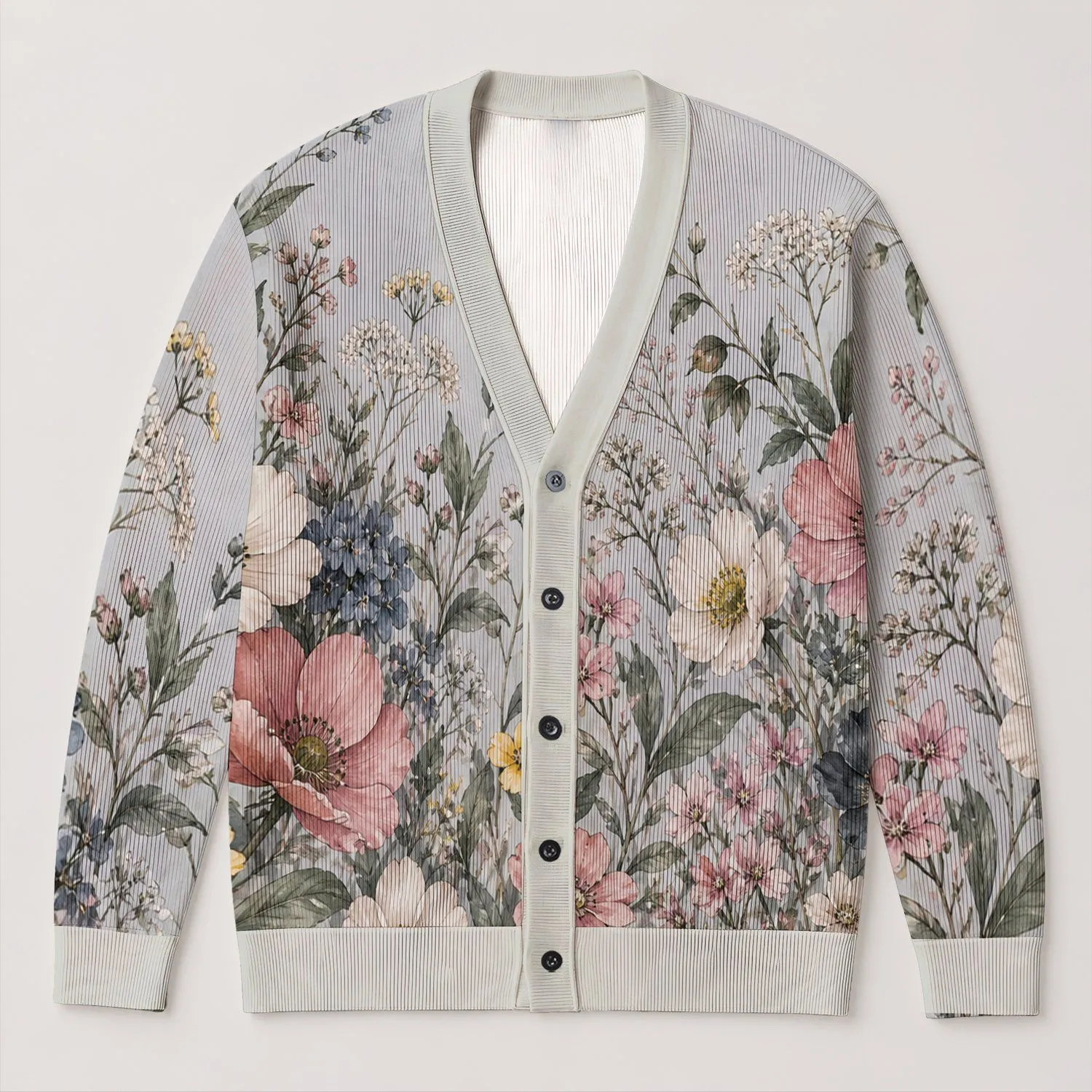 Watercolor Wildflower Bouquet Motifs For Relaxed Everyday Layering And Garden Style All-over Print Knitted Cardigan - 1