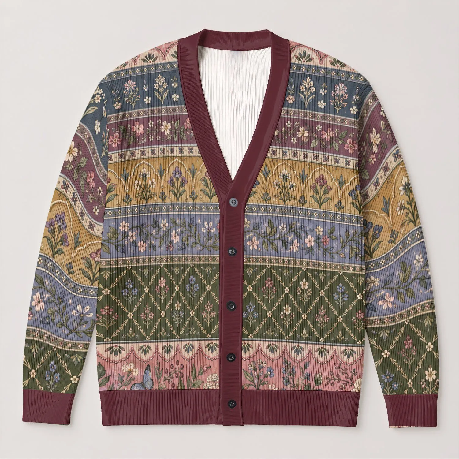Floral Band Color Blocks for Relaxed Weekend Layering and Everyday Bohemian Style All-over Print Knitted Cardigan - 1