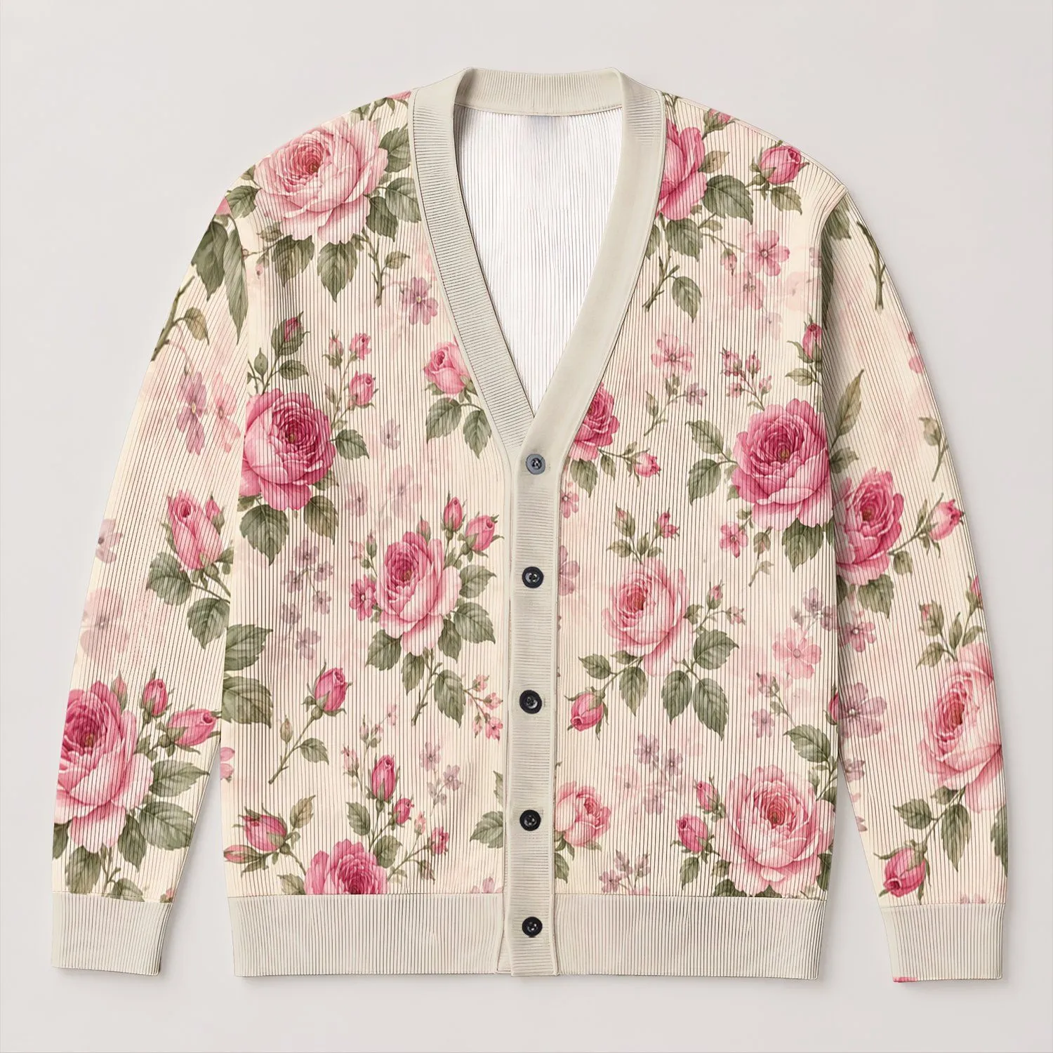 Pink Rose Florals for Romantic Everyday Layering, Feminine Cottagecore Wardrobe Aesthetic All-over Print Knitted Cardigan - 1