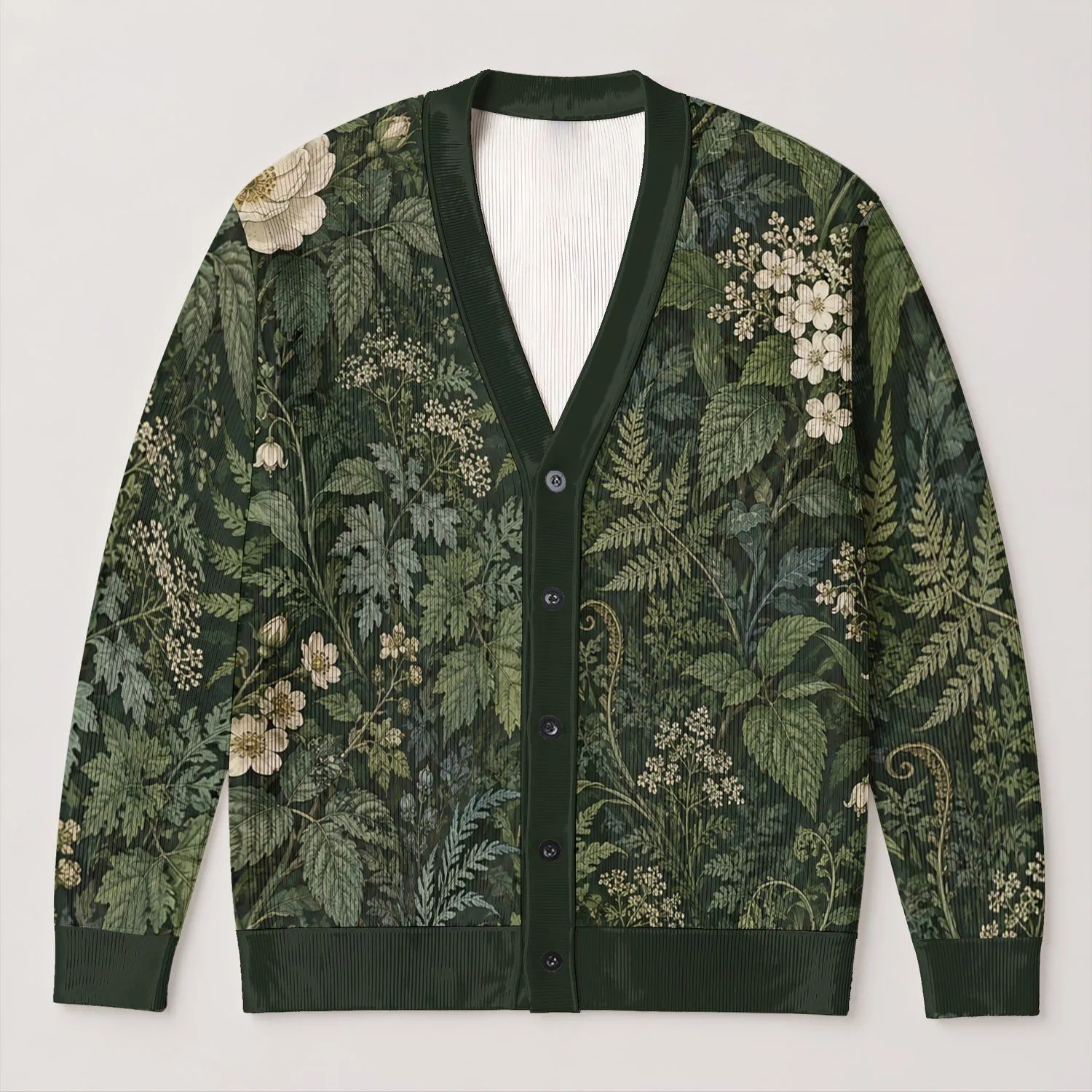 Dark Green Woodland Ferns and Wildflowers for Relaxed Everyday Layering Wardrobe for Nature Lovers All-over Print Knitted Cardigan - 1