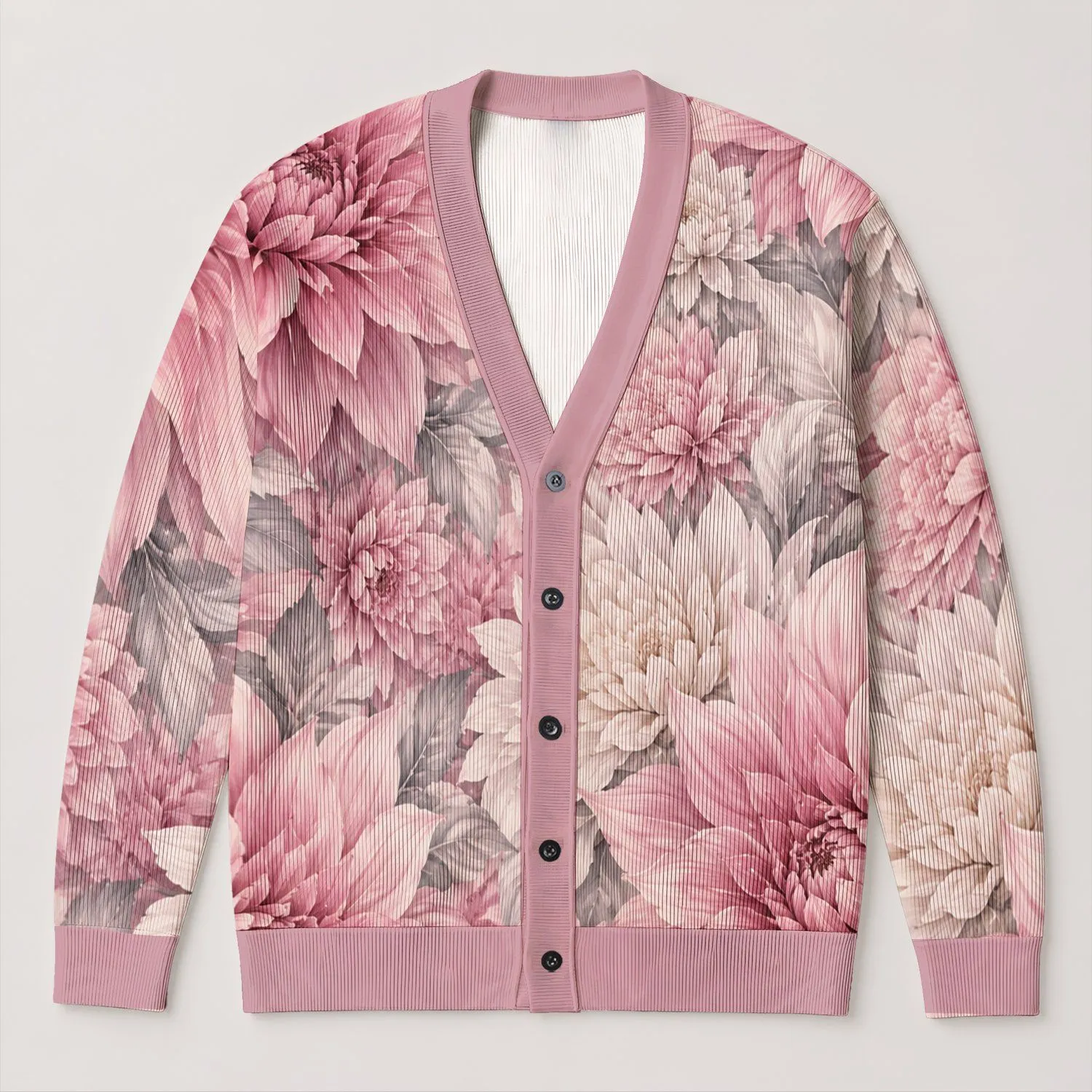 Pink Dahlia Blossoms for Romantic Everyday Layering and Garden Gatherings Women Love All-over Print Knitted Cardigan - 1