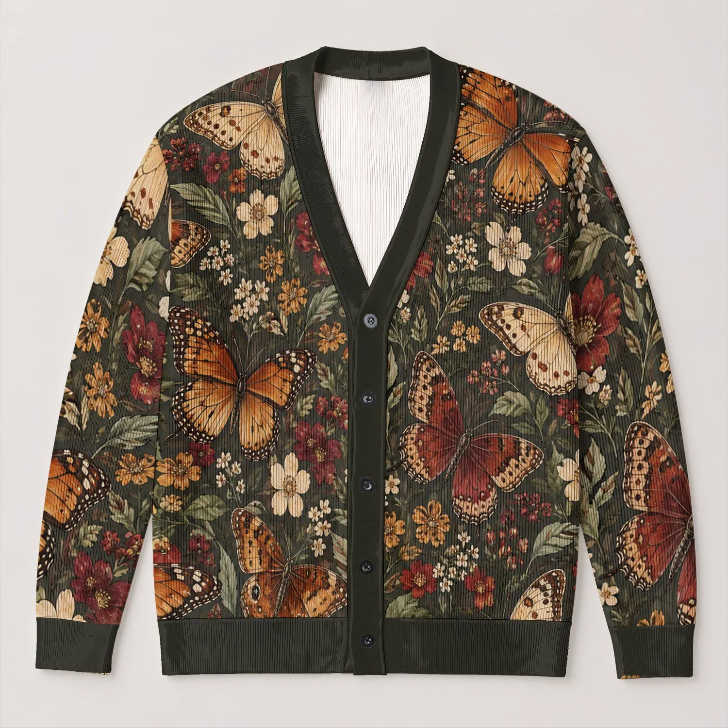 Butterfly Wildflower Motif for Autumn Layering, Garden Gatherings, and Cottage Style All-over Print Knitted Cardigan - 1