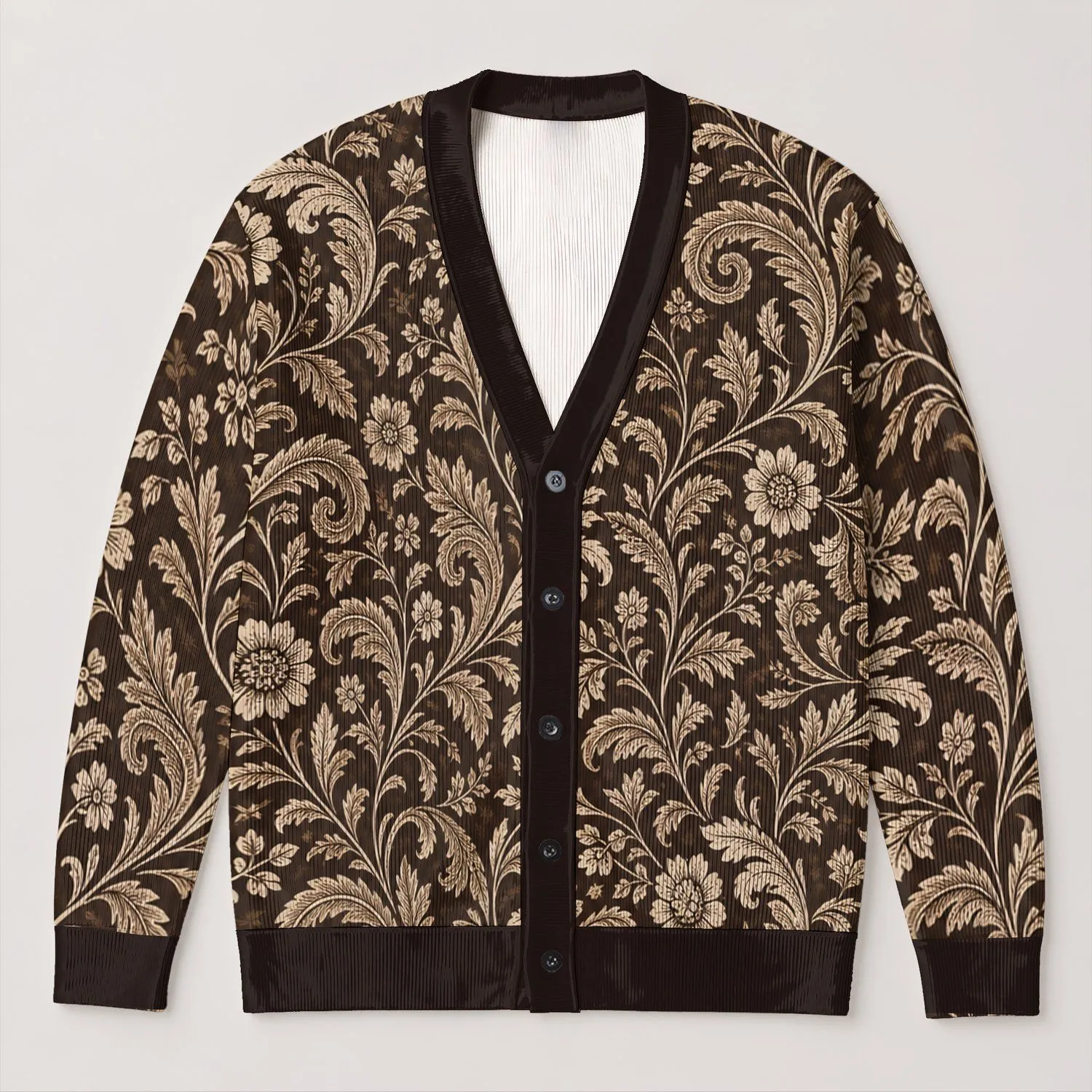 Dark Botanical Scrolls With Vintage Floral Charm For Relaxed Everyday Layering Women All-over Print Knitted Cardigan - 1