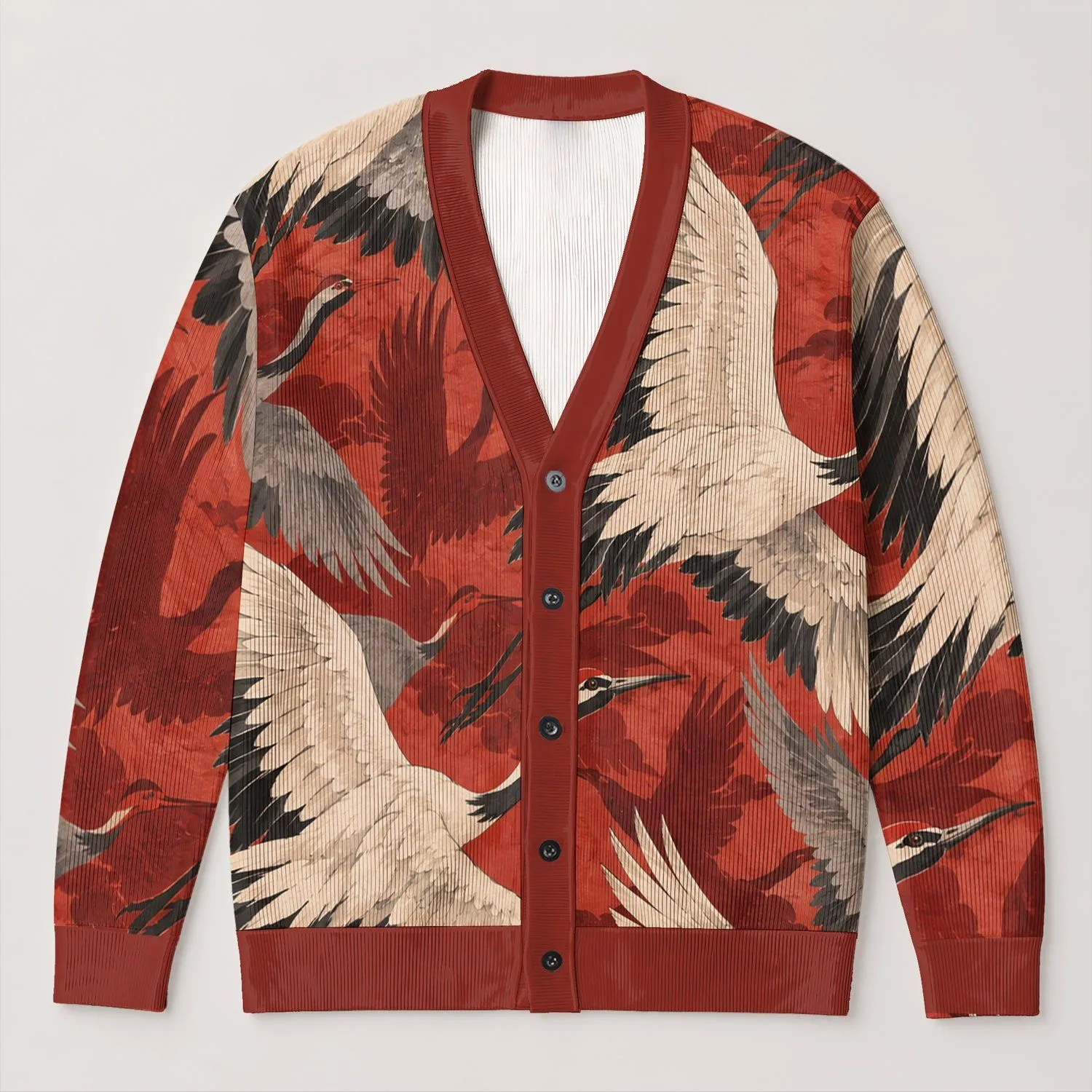 Coral Crane Motif Layering Piece for Autumn Outings and Relaxed Everyday Wardrobes All-over Print Knitted Cardigan - 1