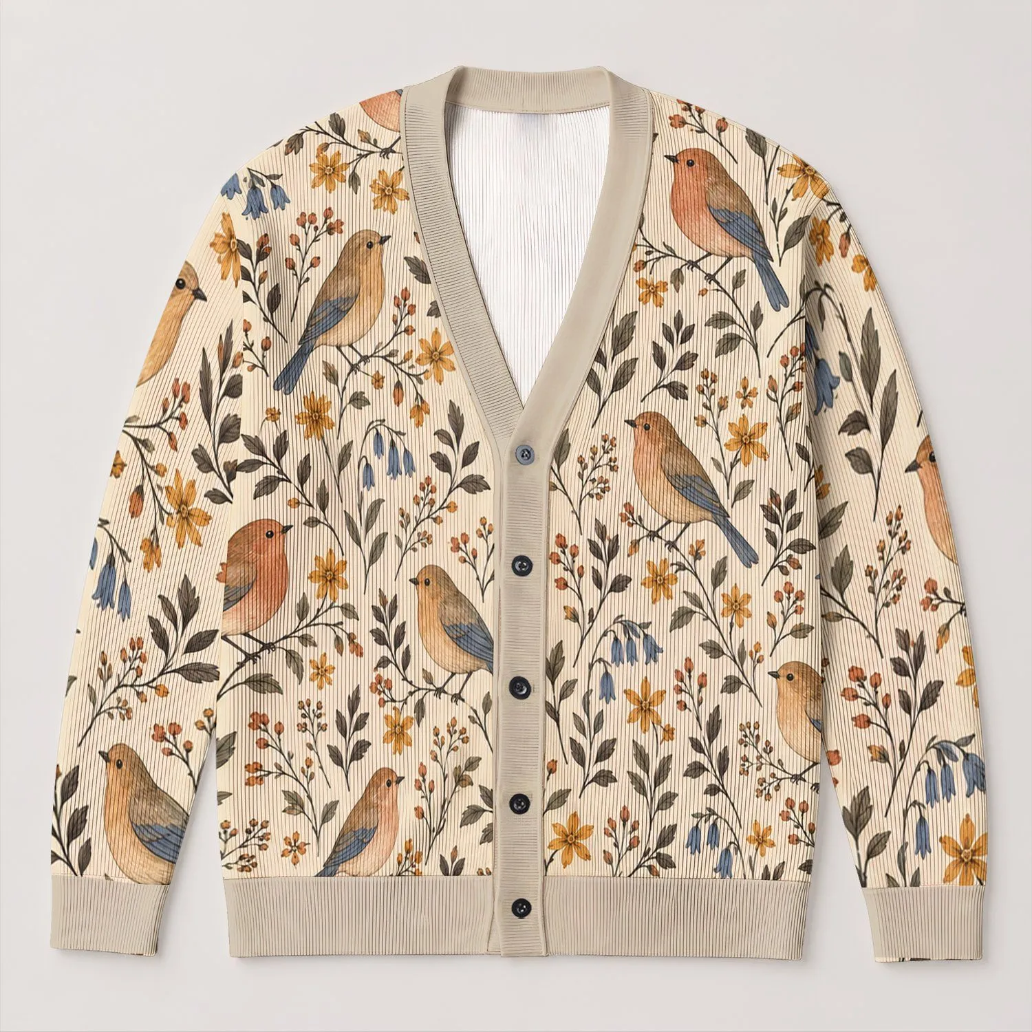 Songbird Botanical Motifs for Casual Layering and Cottagecore Weekend Outfits for Women All-over Print Knitted Cardigan - 1