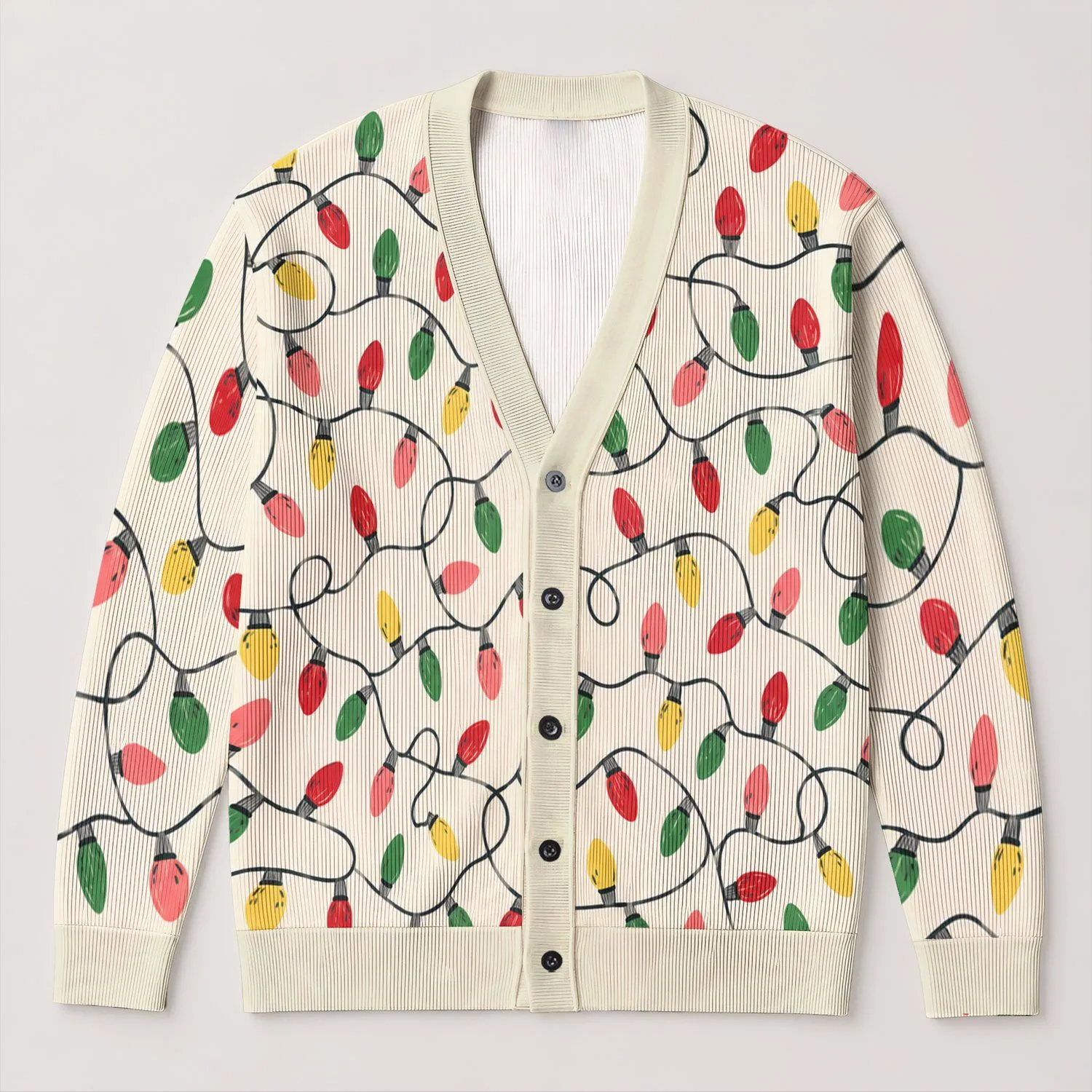 Colorful Holiday String Lights On Ivory For Cozy Winter Layering And Festive Gatherings All-over Print Knitted Cardigan - 1