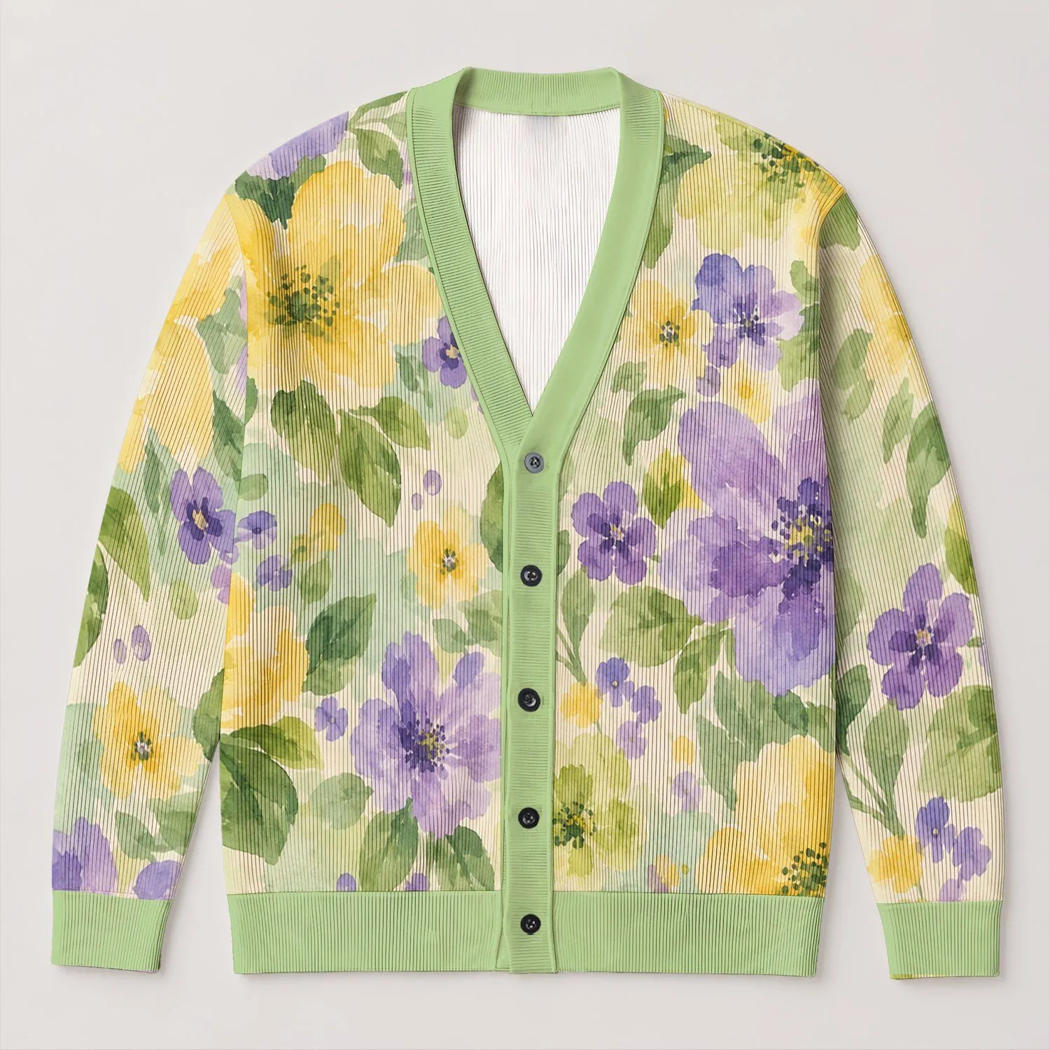 Lavender Yellow Green Abstract Blooms For Casual Spring Weekend Layering For Women All-over Print Knitted Cardigan - 1