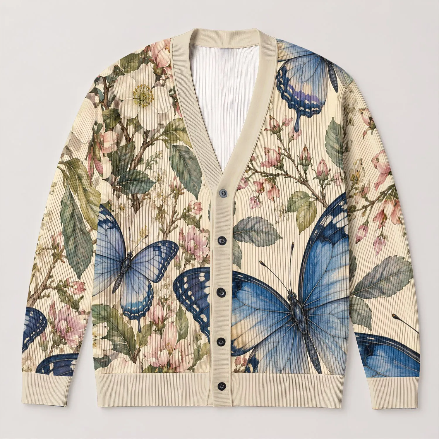 Blue Butterfly and Wildflower Motifs for Relaxed Spring Layering and Garden Day Outings All-over Print Knitted Cardigan - 1