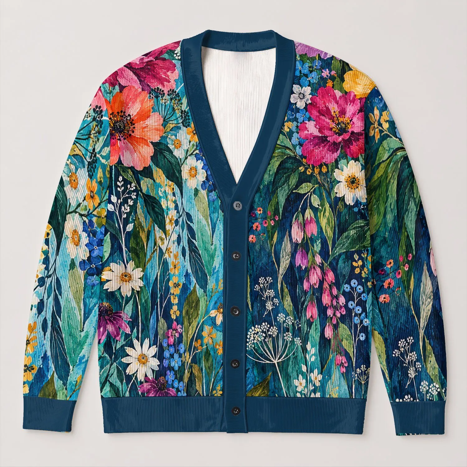 Turquoise Wildflower Bouquet for Spring Layering, Garden Days, and Everyday Style All-over Print Knitted Cardigan - 1