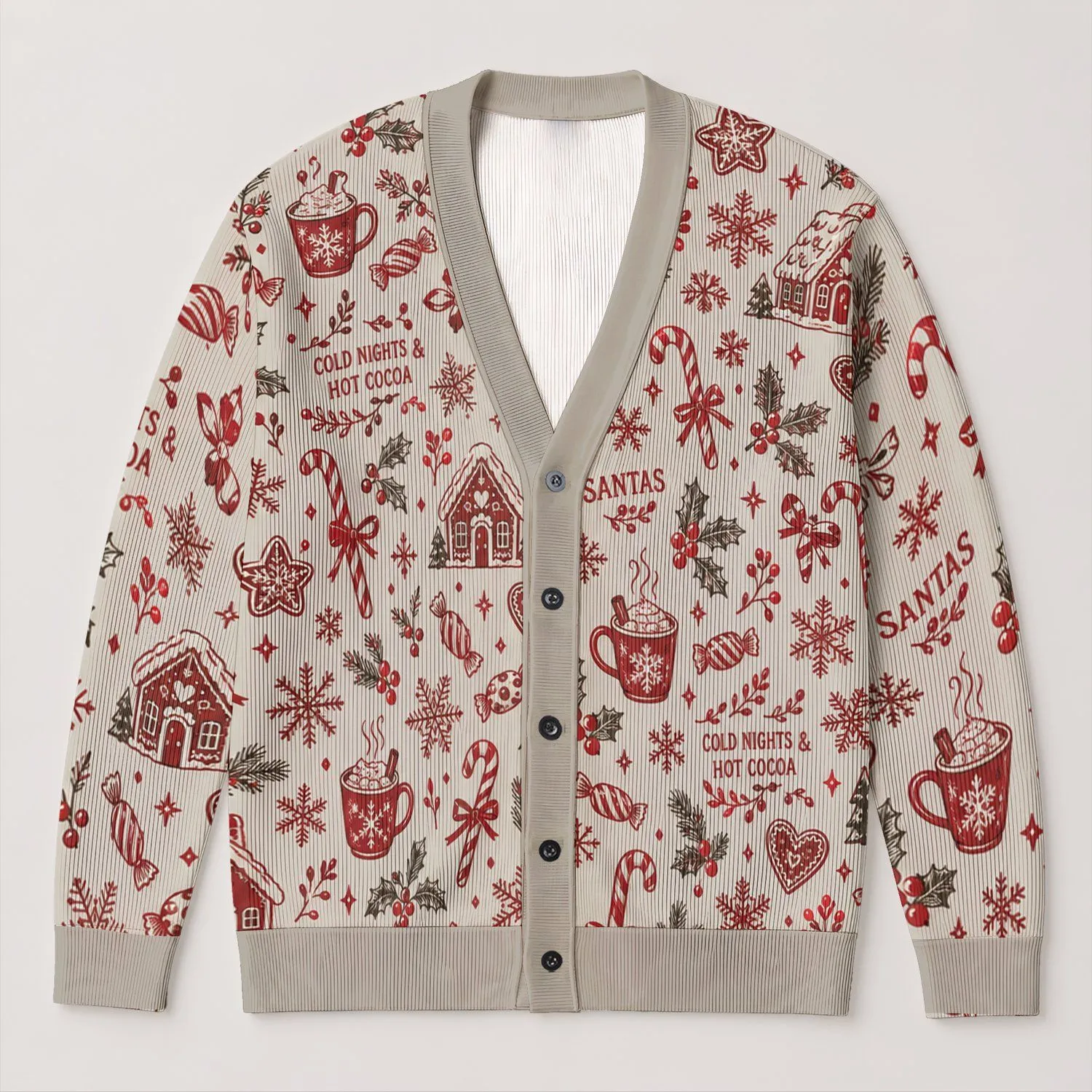 Vintage Christmas Candy And Cocoa Motifs For Cozy Holiday Layering And Gift Giving All-over Print Knitted Cardigan - 1