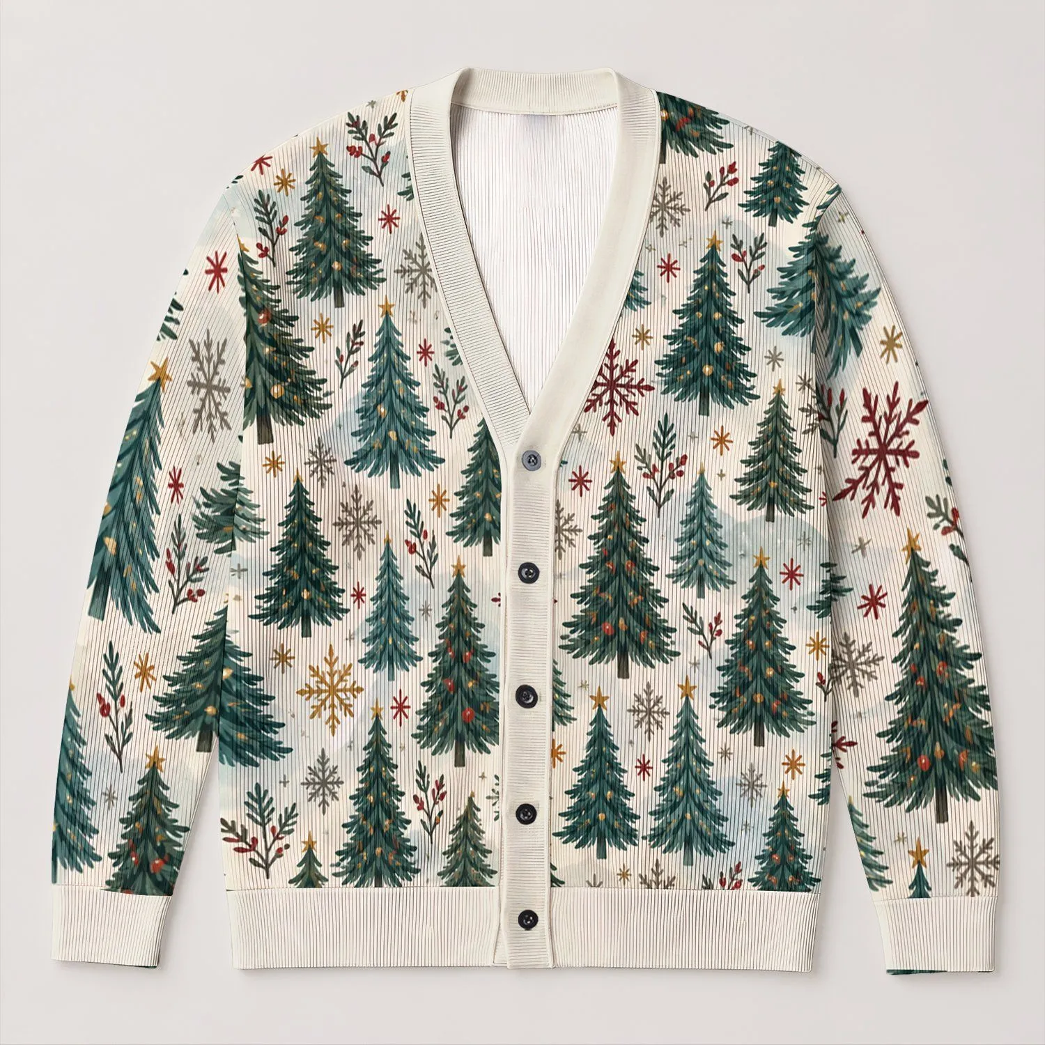Teal Evergreen Trees and Snowflakes for Cozy Holiday Layering Through Winter Days All-over Print Knitted Cardigan - 1