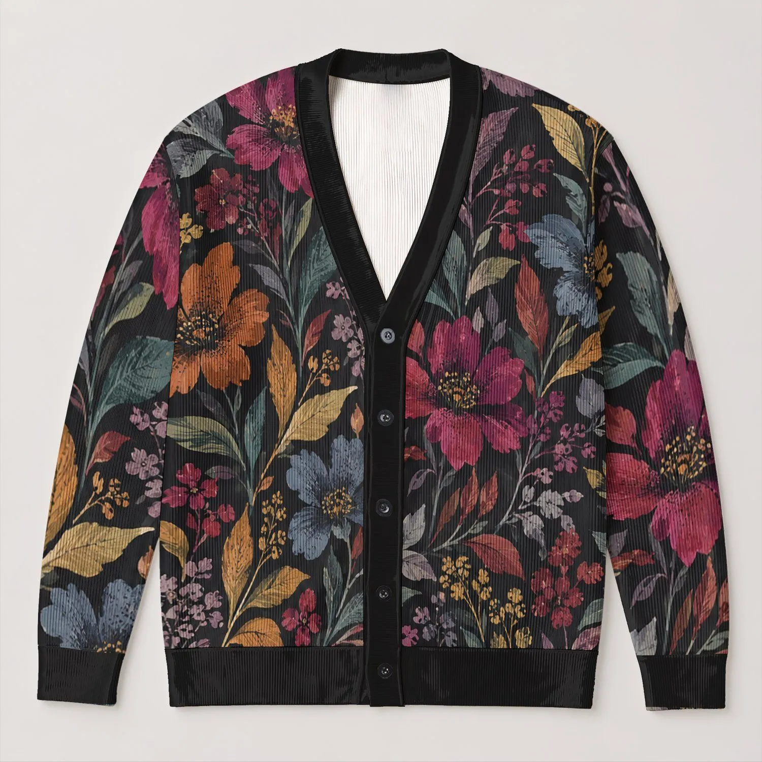 Abstract Botanical Blooms in Jewel Tones for Artistic Everyday Layering and Gifting All-over Print Knitted Cardigan - 1