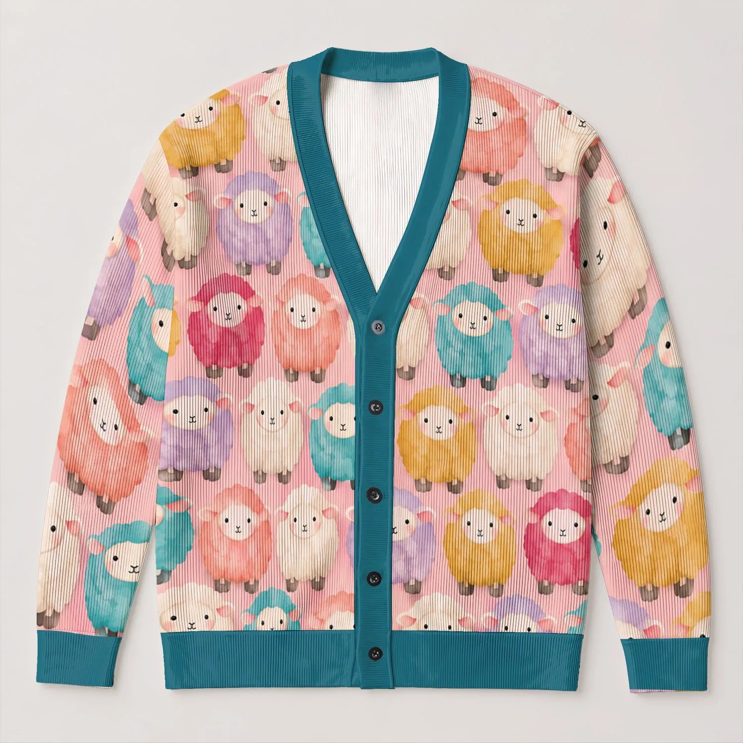 Colorful Sheep Motif for Cozy Farmhouse Layering and Relaxed Everyday Weekend Style All-over Print Knitted Cardigan - 1