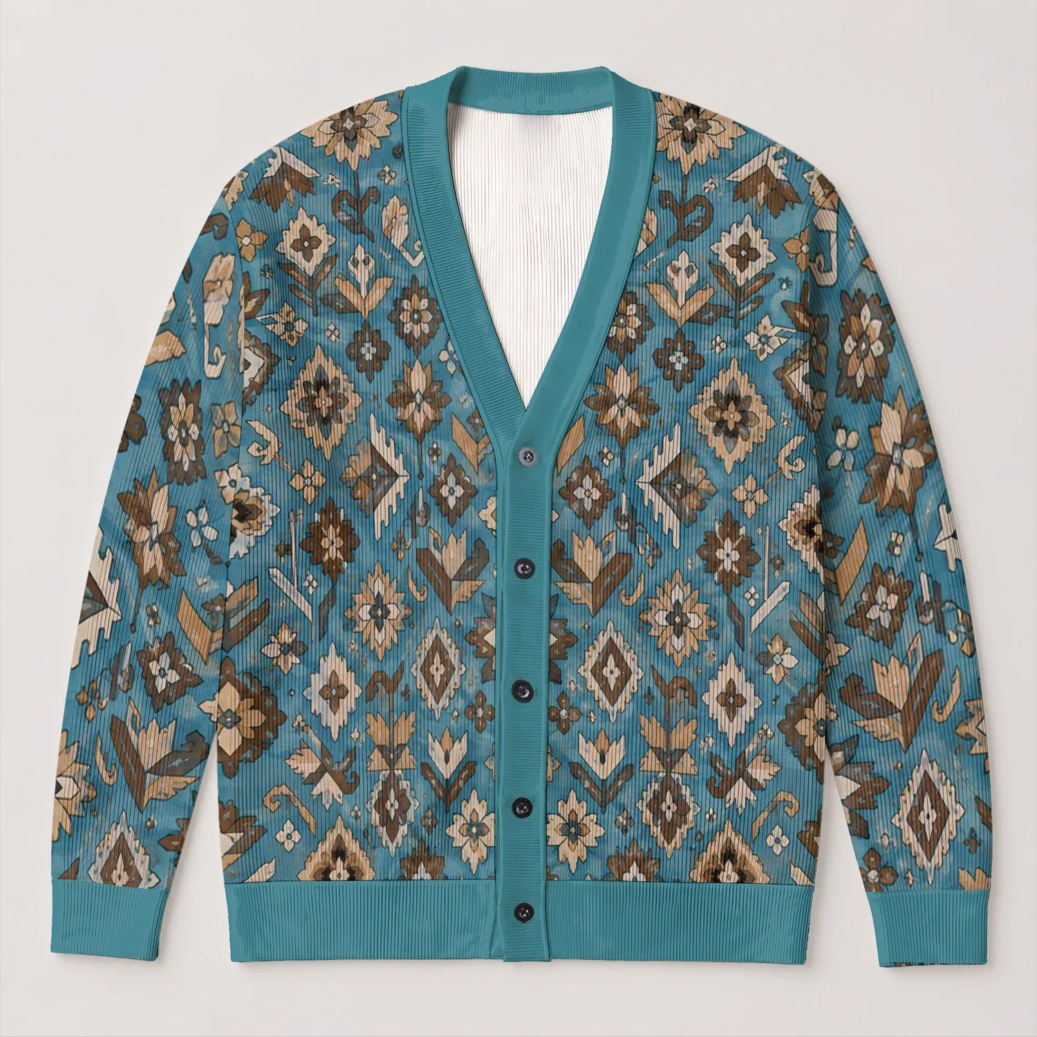 Teal Geometric Folk Motifs for Relaxed Everyday Layering and Weekend Style All-over Print Knitted Cardigan - 1