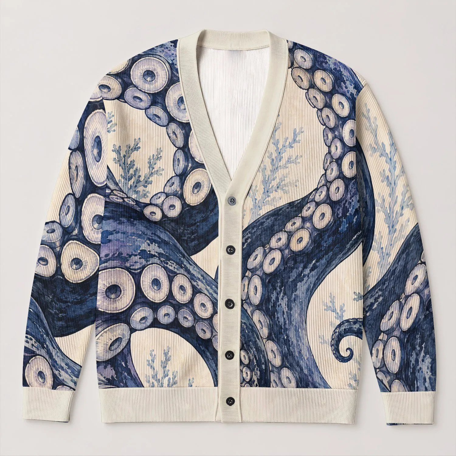 Navy Octopus Tentacles on Ivory Coastal Style for Relaxed Everyday Wear and Ocean Lovers All-over Print Knitted Cardigan - 1