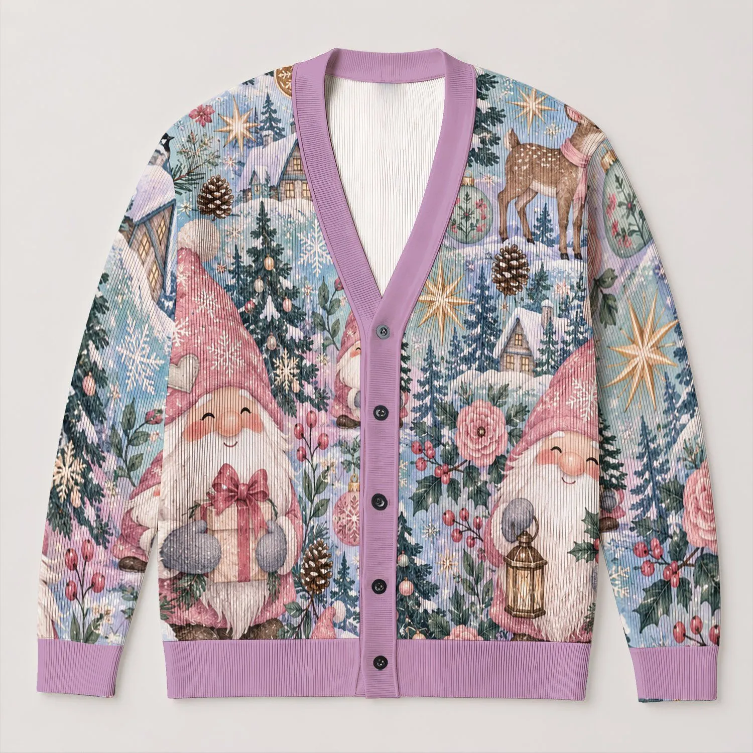 Rosy Gnome Christmas Scenes for Cozy Winter Layering and Festive Everyday Style Wear All-over Print Knitted Cardigan - 1