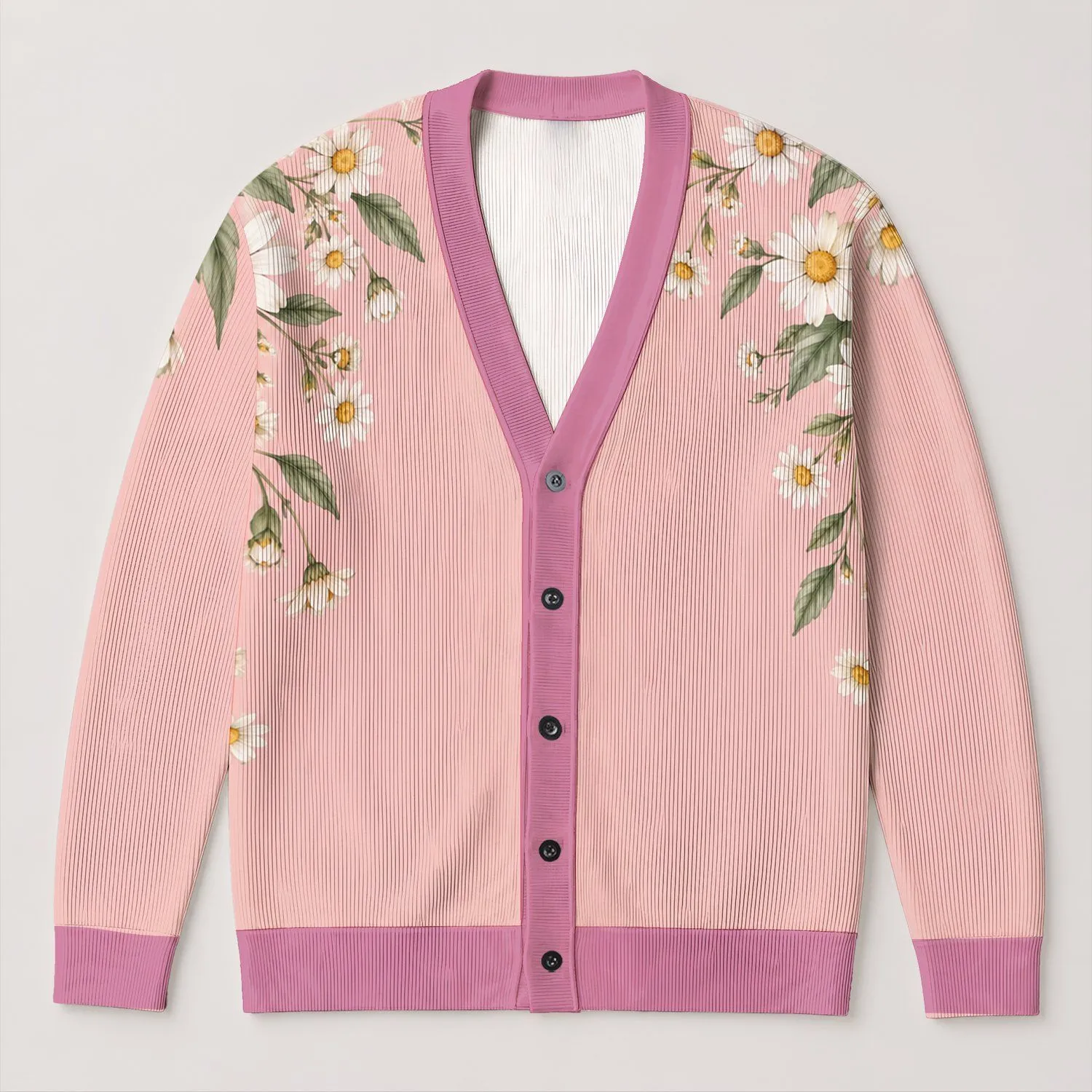 Pink Daisy Floral Blossoms for Romantic Everyday Layering in Women's Autumn Style All-over Print Knitted Cardigan - 1