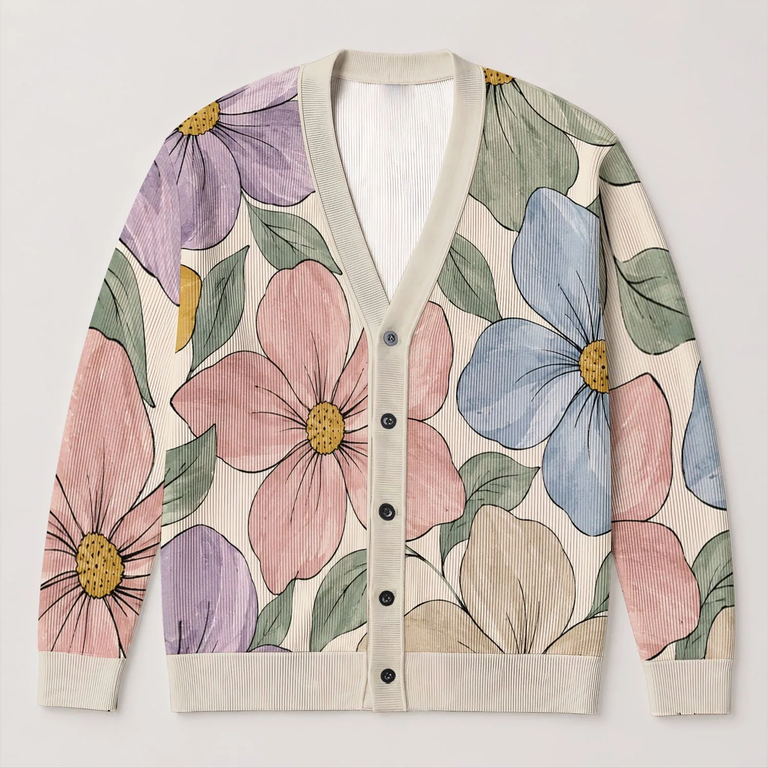Abstract Floral Petals in Pastel Tones for Relaxed Weekend Layering and Garden Days All-over Print Knitted Cardigan - 1
