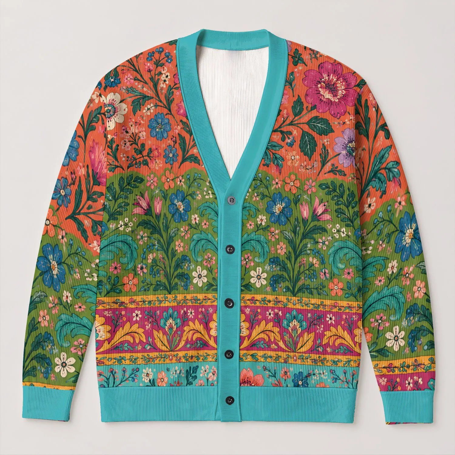 Colorful Floral Folk Motifs for Everyday Layering, Youthful Bohemian Style for Women All-over Print Knitted Cardigan - 1