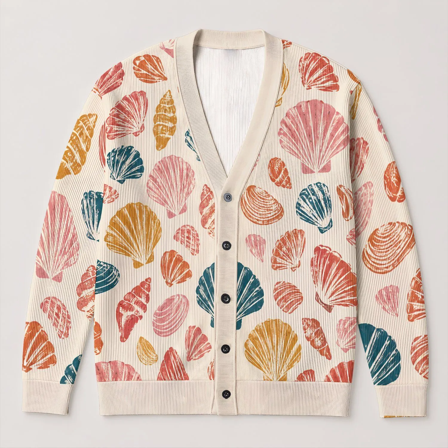 Colorful Seashell Motif For Coastal Everyday Layering And Home To Office Outfits All-over Print Knitted Cardigan - 1