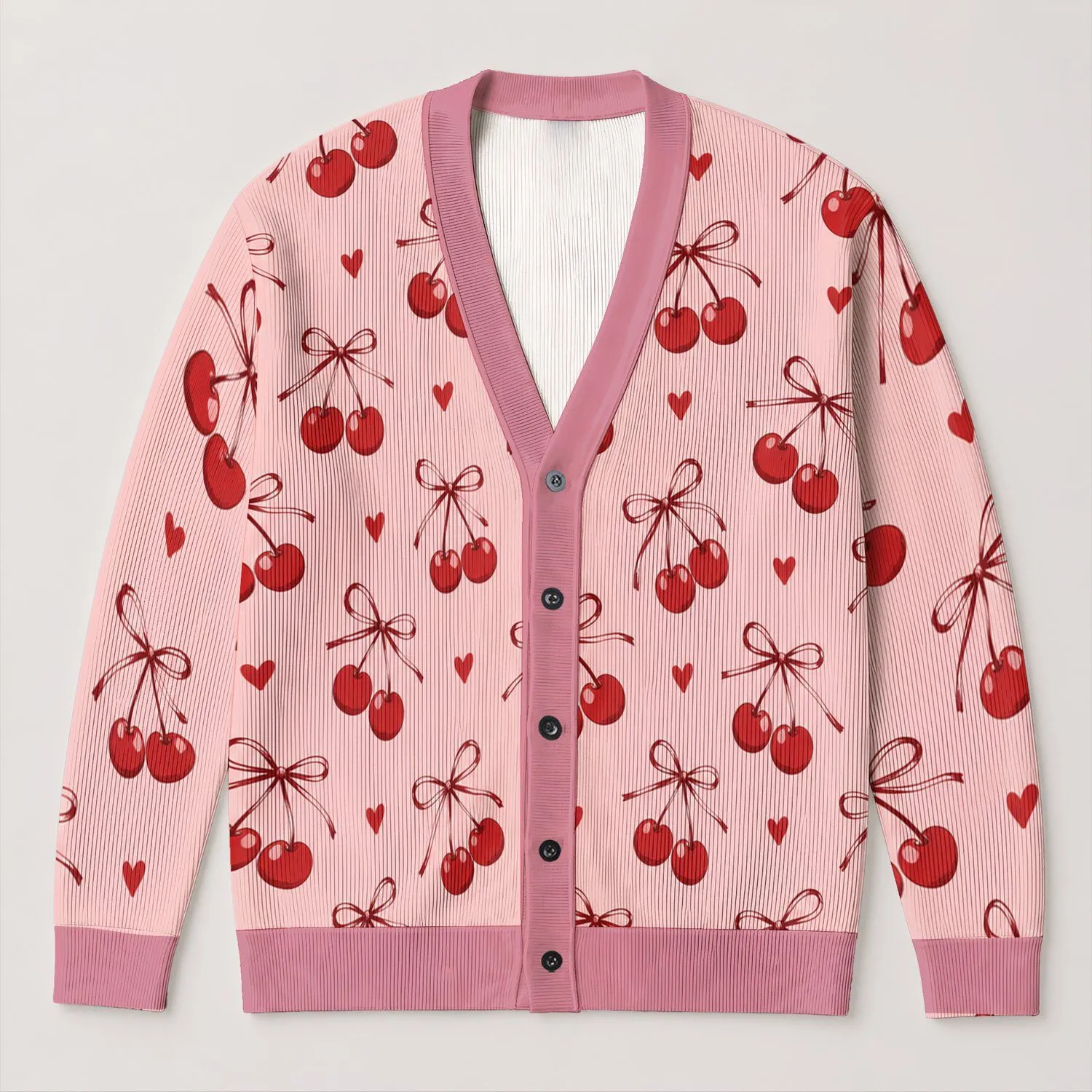 Red Cherry Heart Motif for Sweet Valentine Outfits and Everyday Romantic Layering All-over Print Knitted Cardigan - 1