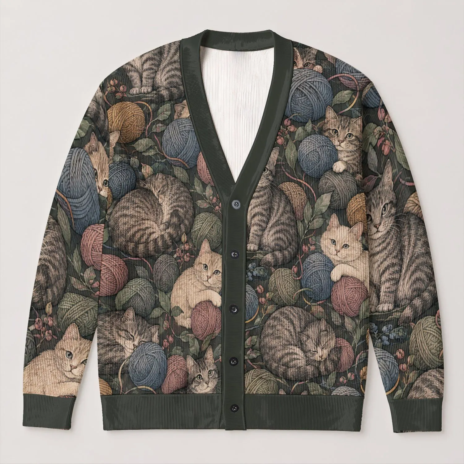Cozy Cat And Thread Ball Motif For Relaxed Weekend Layering, Cat Lover Gift Idea All-over Print Knitted Cardigan - 1
