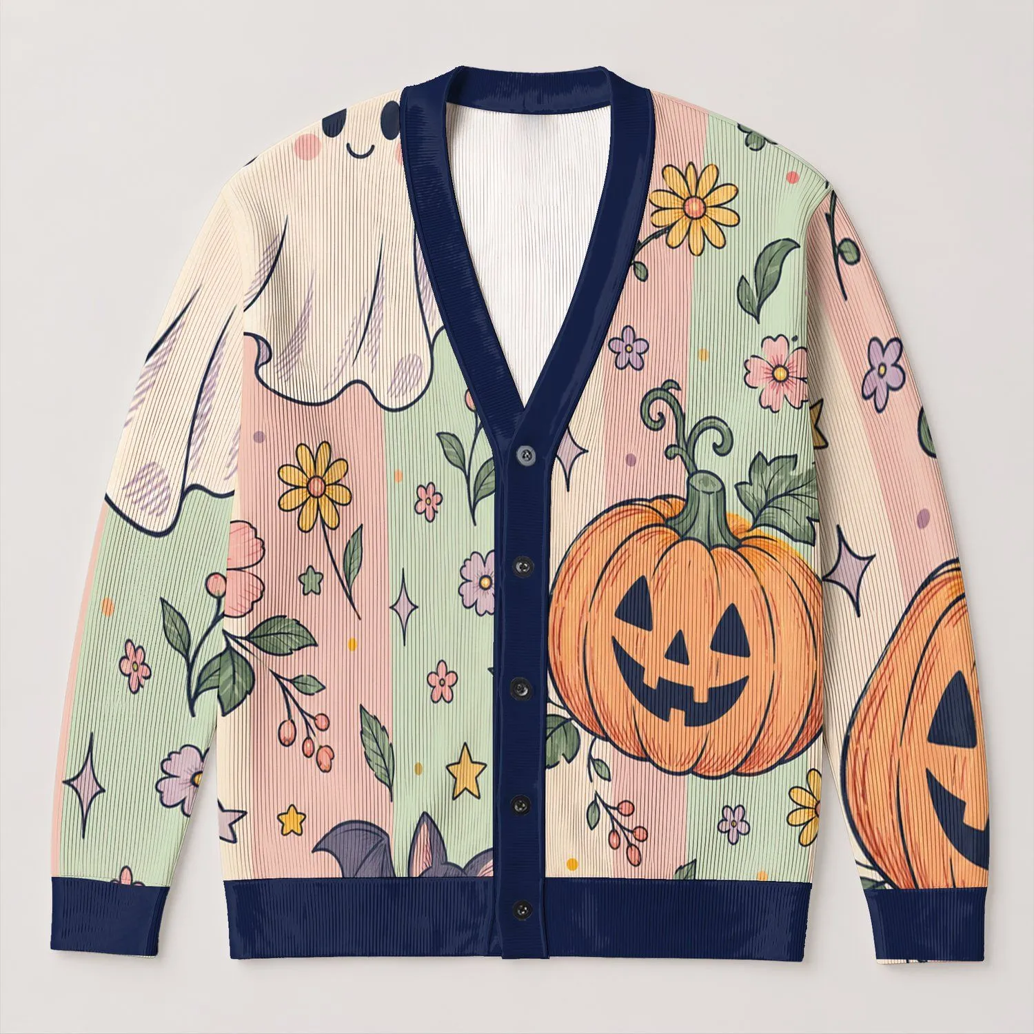 Pastel Halloween Ghost Pumpkin Stars for Casual Autumn Outings and Everyday Wear for Women All-over Print Knitted Cardigan - 1