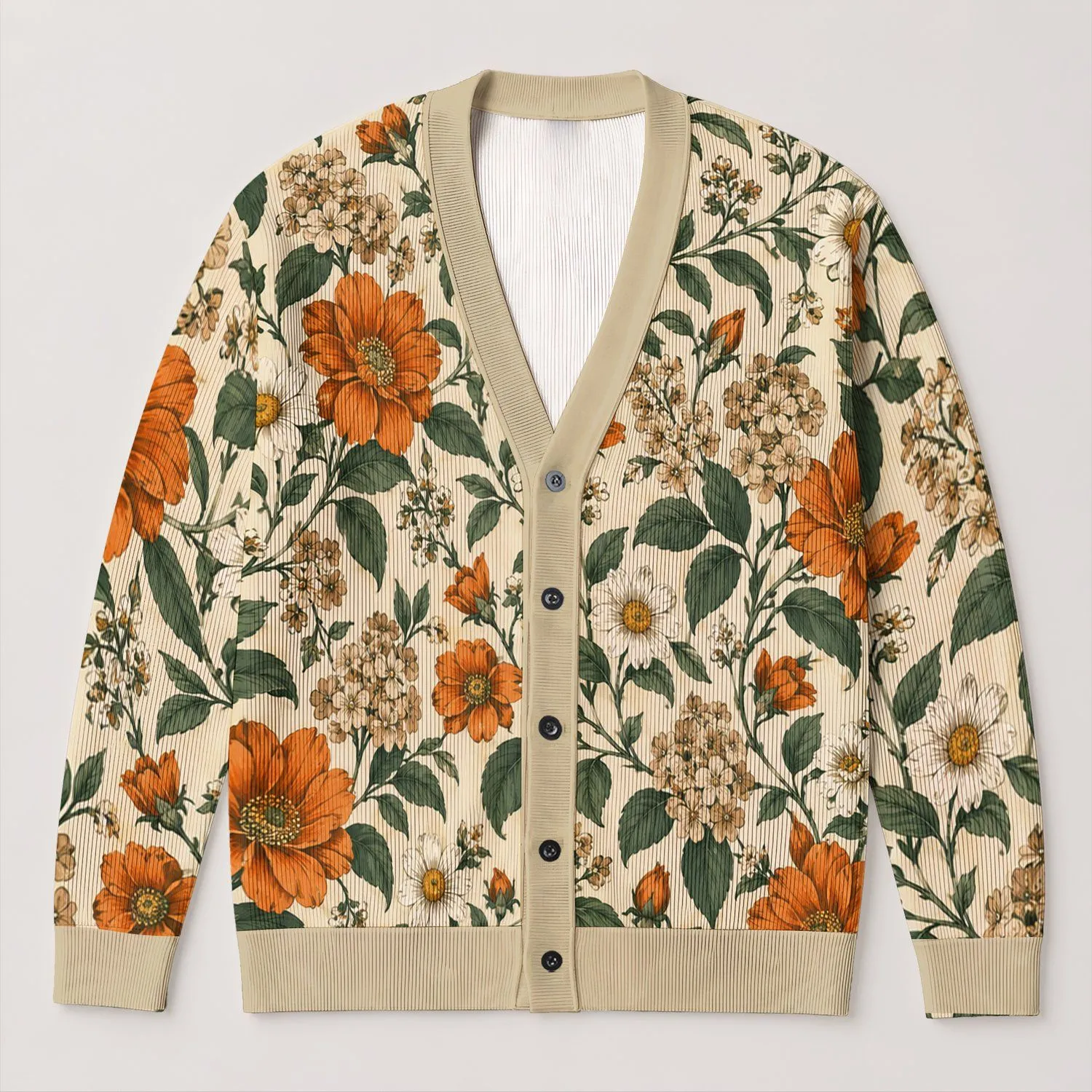 Orange Wildflower Botanical Motif for Casual Spring Layering and Everyday Boho Style All-over Print Knitted Cardigan - 1