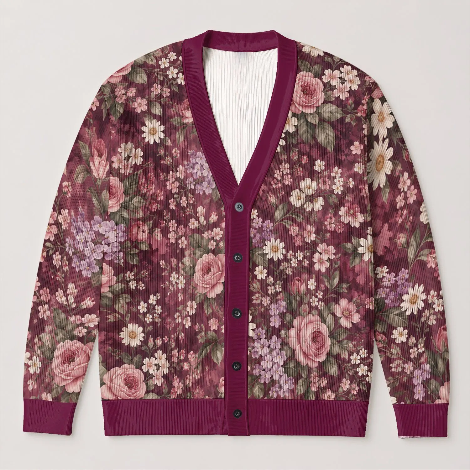 Vintage Raspberry Floral Blooms for Everyday Layering, Garden Brunch, and Cottage Style All-over Print Knitted Cardigan - 1