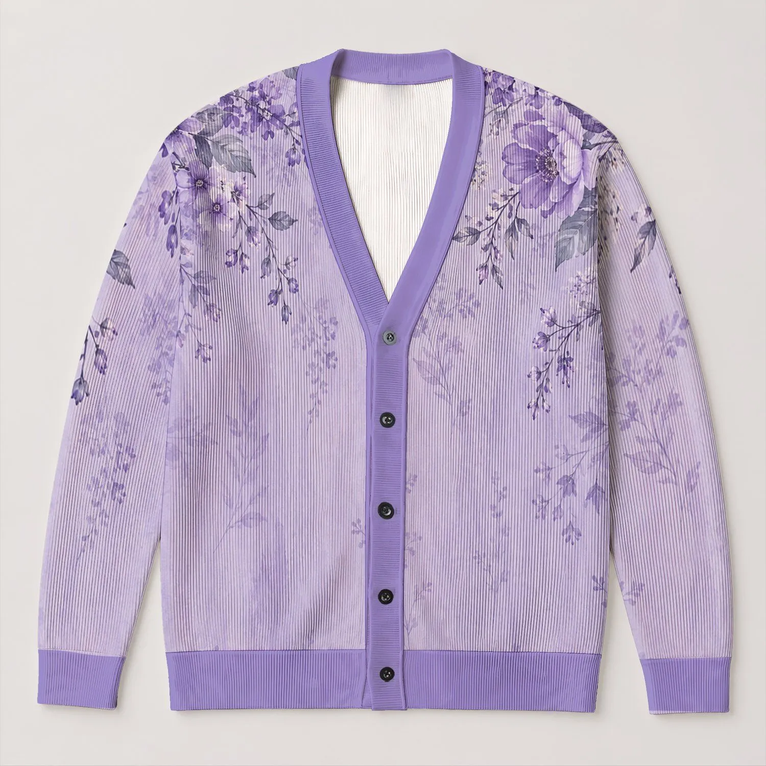 Lavender Floral Layering Style for Relaxed Everyday Outfits and Spring Weekend Wear All-over Print Knitted Cardigan - 1