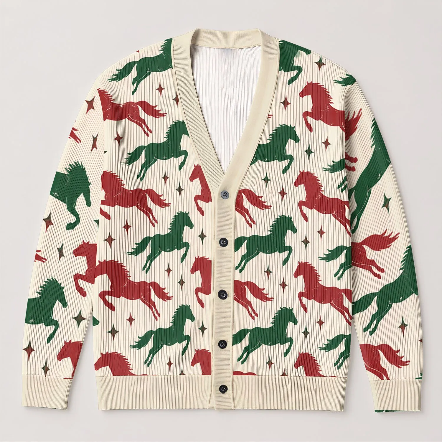Red And Green Galloping Horses For Festive Equestrian Layering, Horse-Loving Women All-over Print Knitted Cardigan - 1