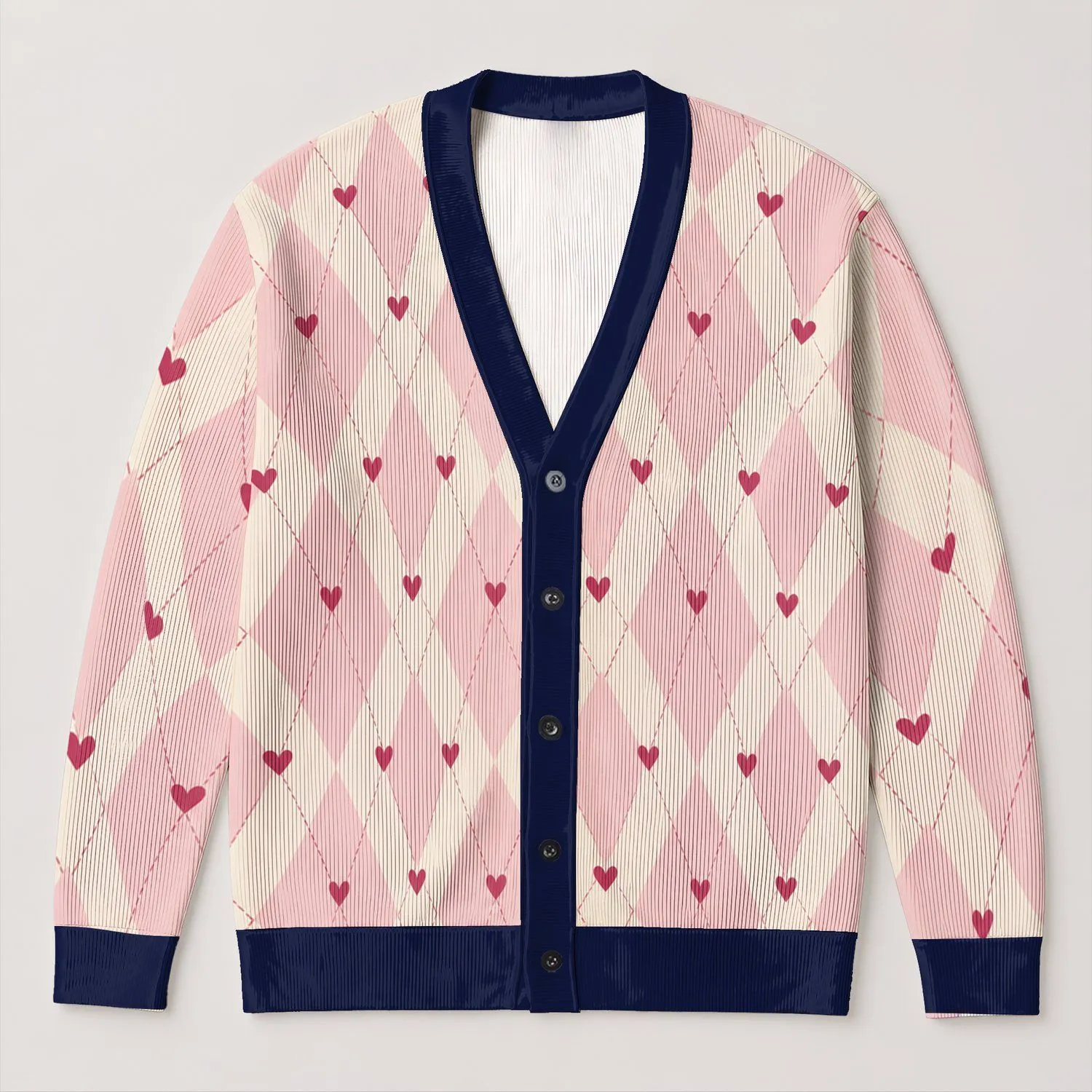 Pink Heart Argyle Valentine Style For Women, Campus Commutes And Casual Weekend Outings All-over Print Knitted Cardigan - 1