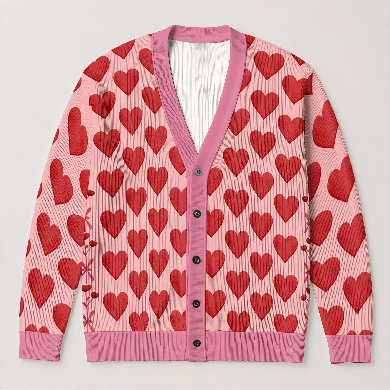 Red Heart Motif Valentine Layering Style for Women, Romantic Autumn Weekend Wear Looks All-over Print Knitted Cardigan - 1